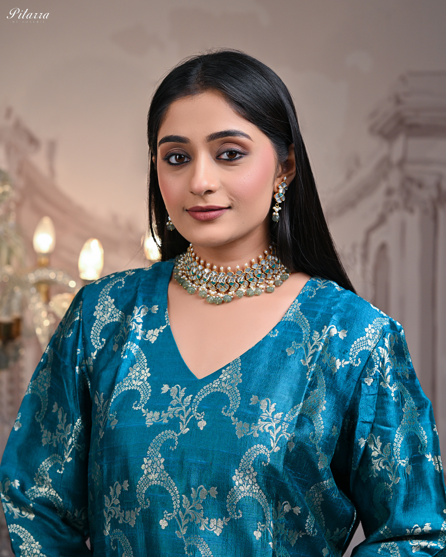 Green Beads Turquoise Blue Line Traditional Kundan Choker Set