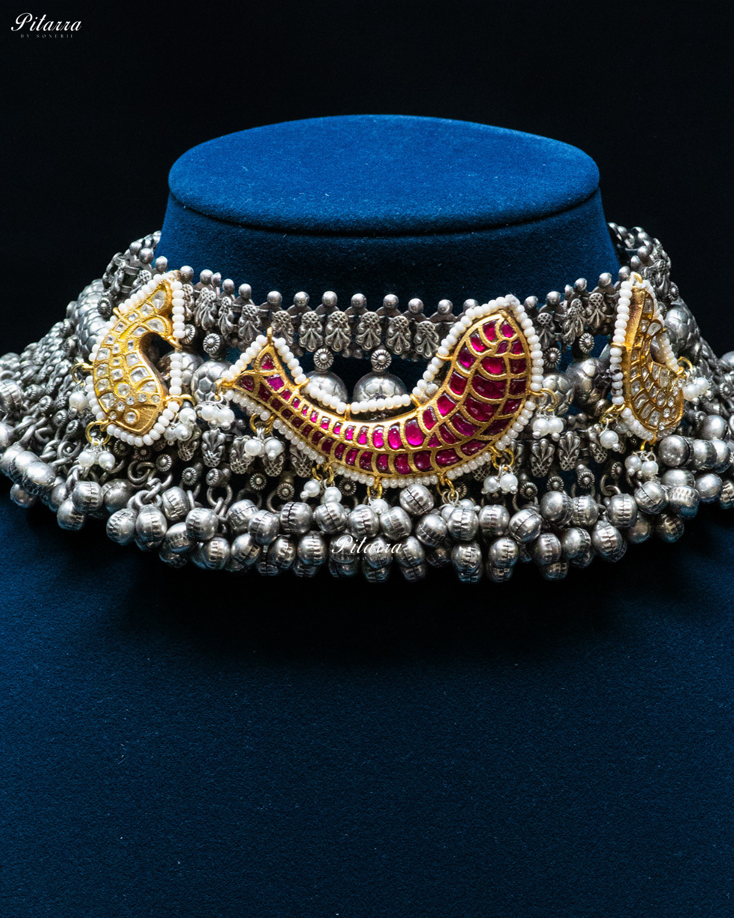 Center Pink Fish Golden Fish Ghunghroo Silver Look Alike Choker Set