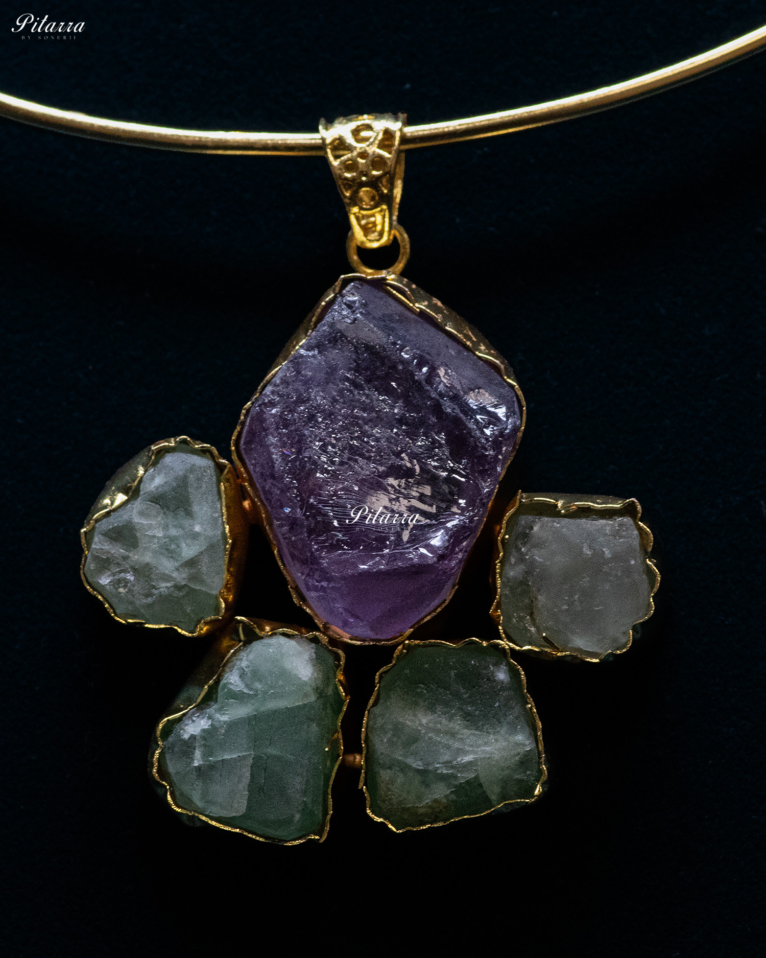 Gold Plated Purple Raw Stone Collar Pendant Set