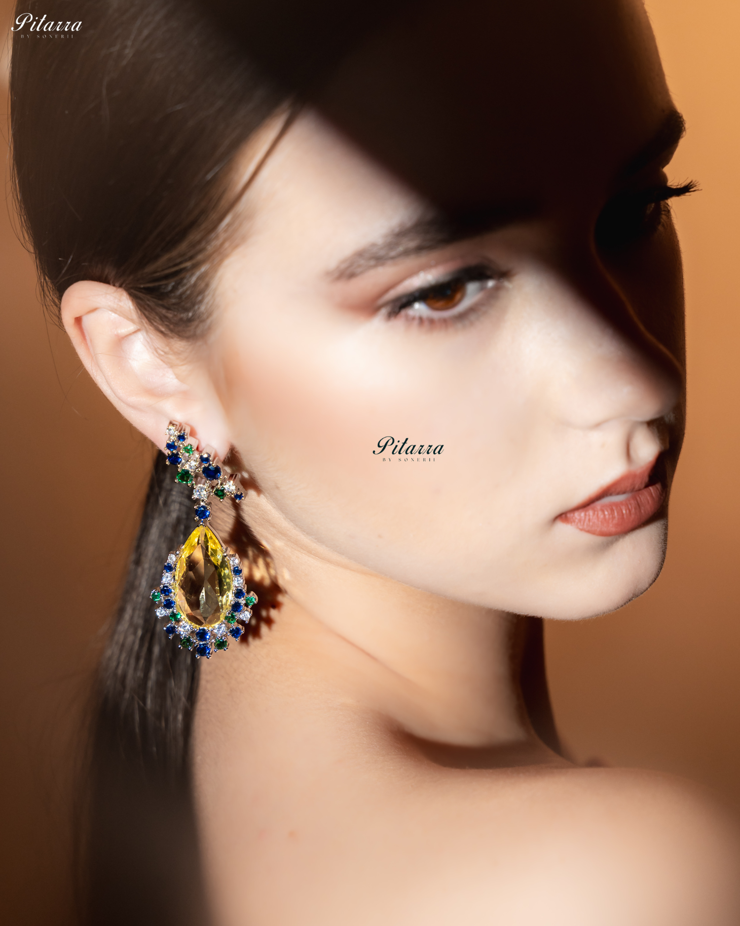 Yellow Stone Sparkling Sliver Line Crystal Earrings