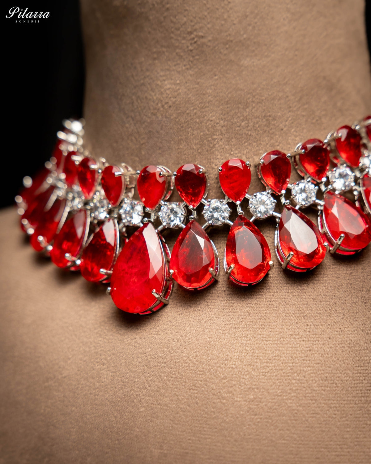 Ruby Red Crystal Statement Choker Necklace Set
