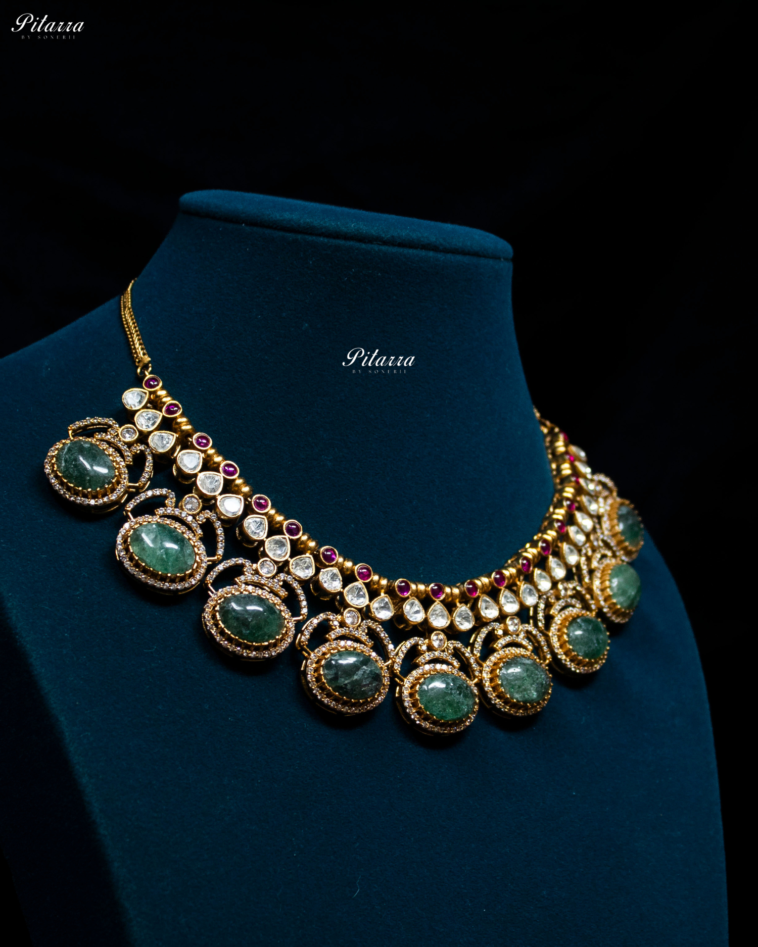 Pitarra Emerald Stones Moissanite Kundan Necklace Set