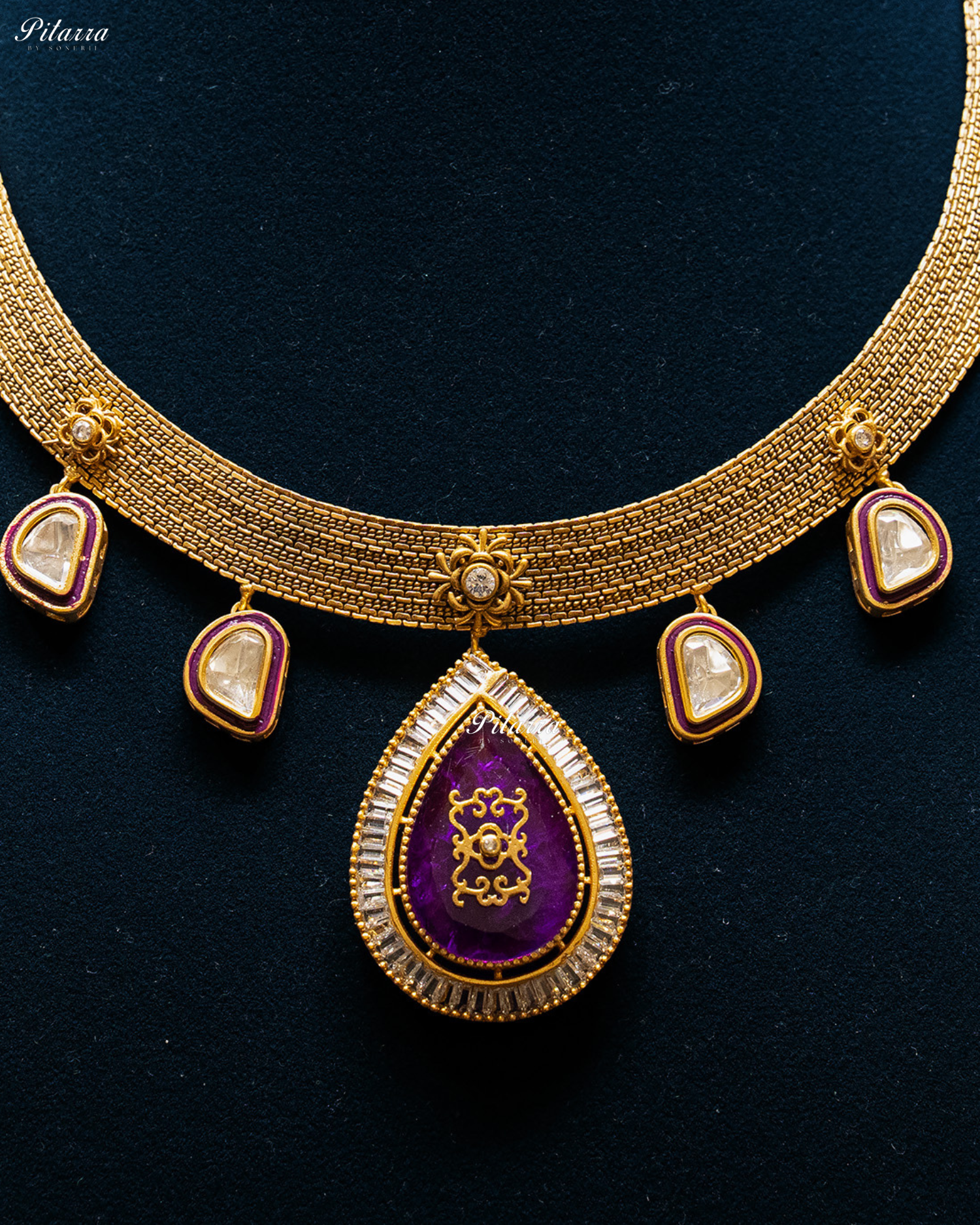 Big Purple Teardrop Gold Plated Kundan Necklace Set
