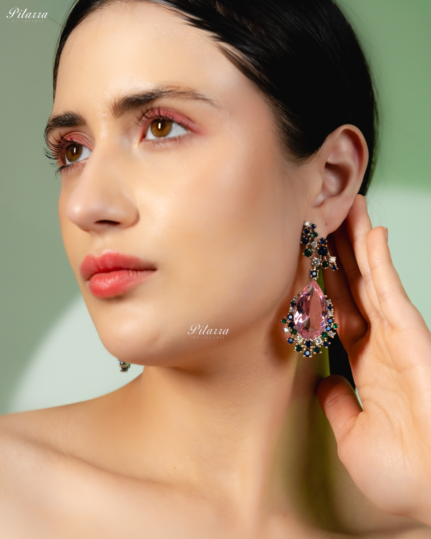 Pink Stone Sparkling Sliver Line Crystal Earrings