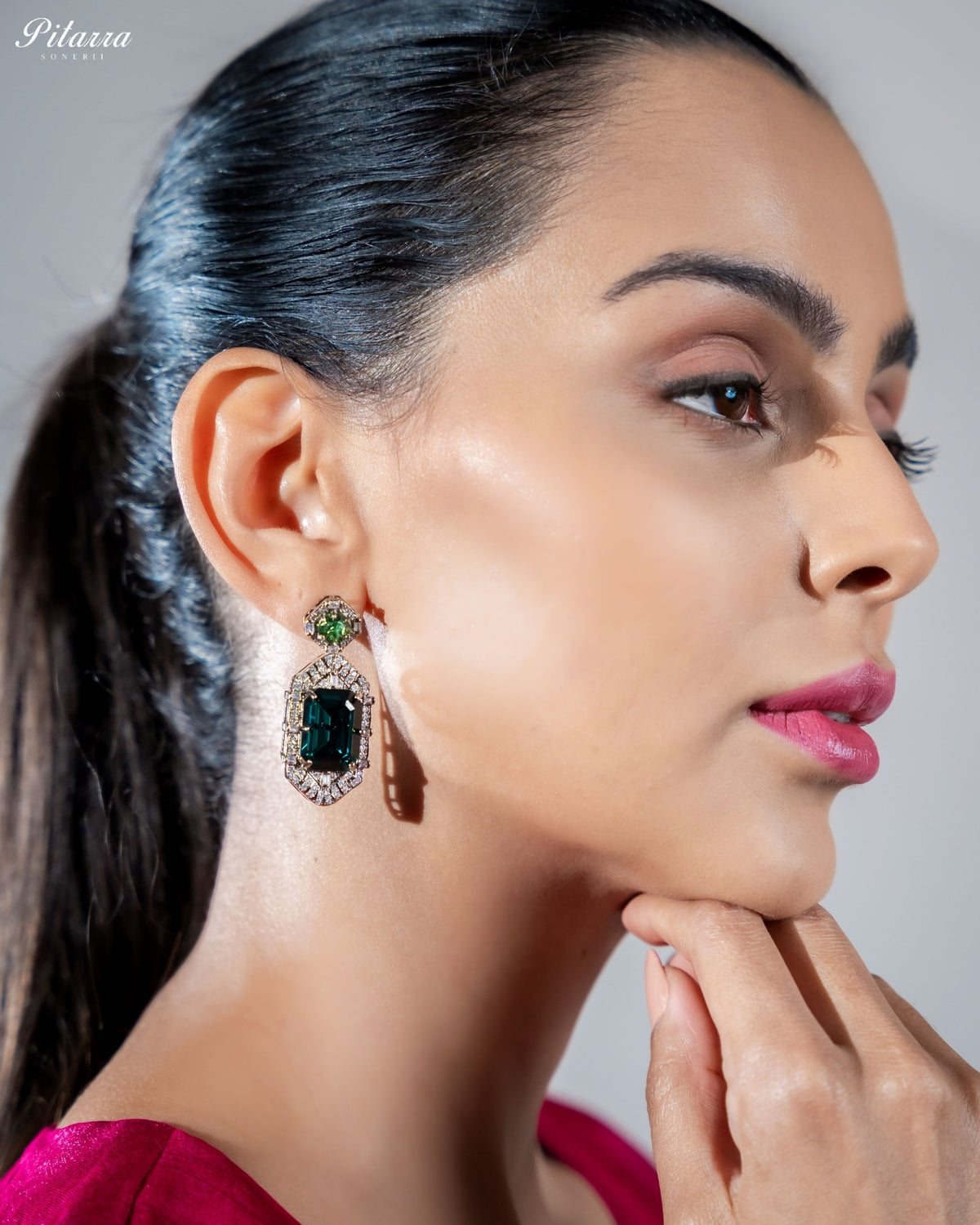 Teal Green Emerald Cut Diamond Halo Statement Drop Earrings