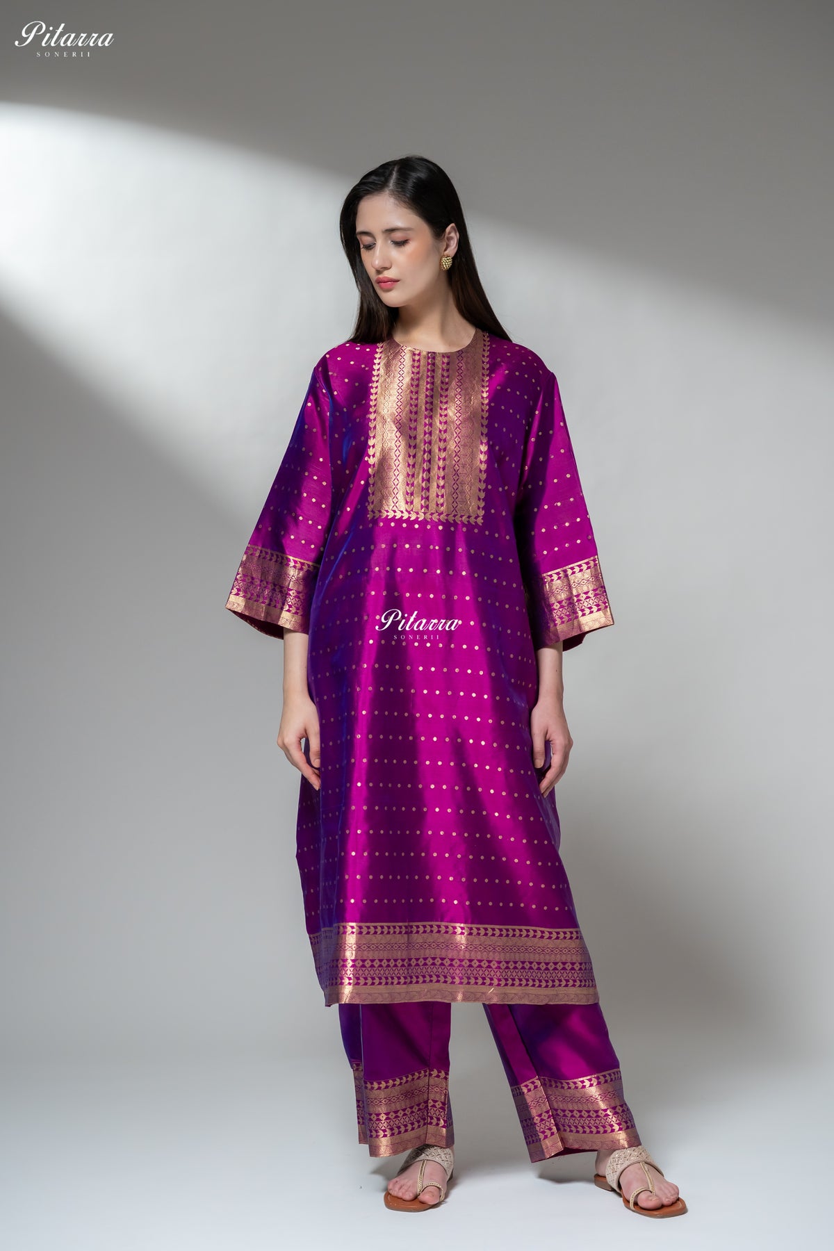Magenta Purple Gold Zari Kurta Palazzo Set