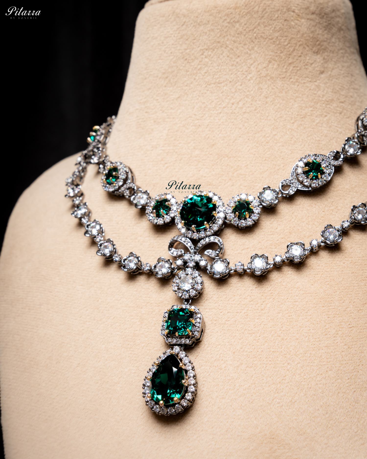 Emerald Two Layer Silver CZ victorian black polish Necklace Set