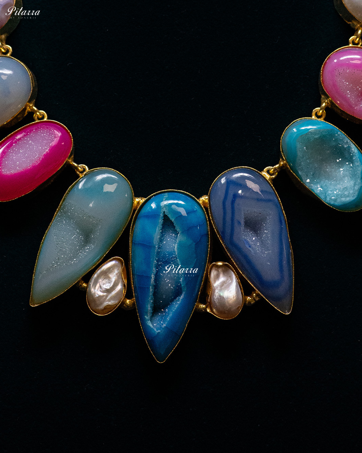 Gold Plated Multi Colored Sculptural Stone Statement Necklace