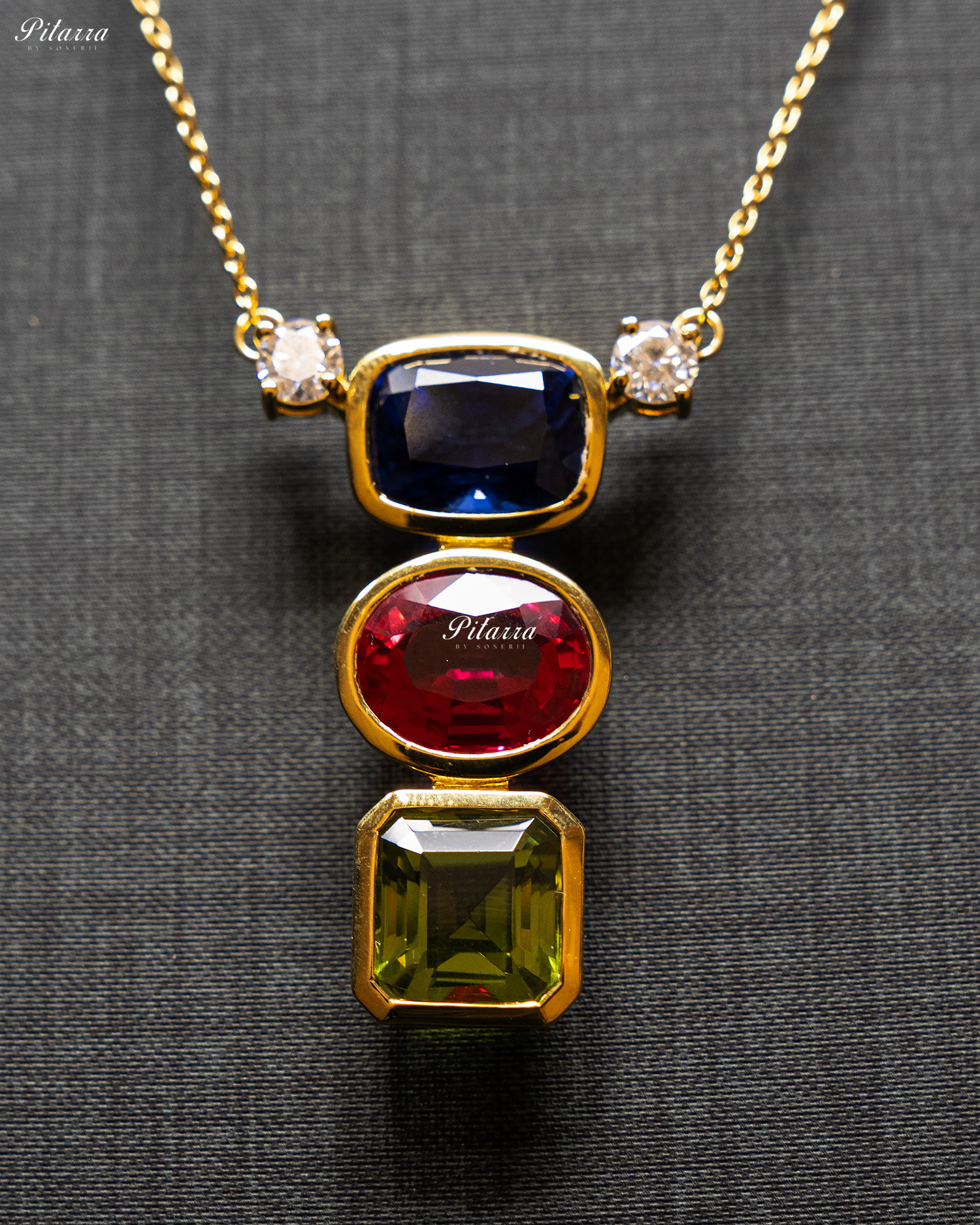 Gold Chain Square Blue Top Stone Square Green Drop Pendent Set