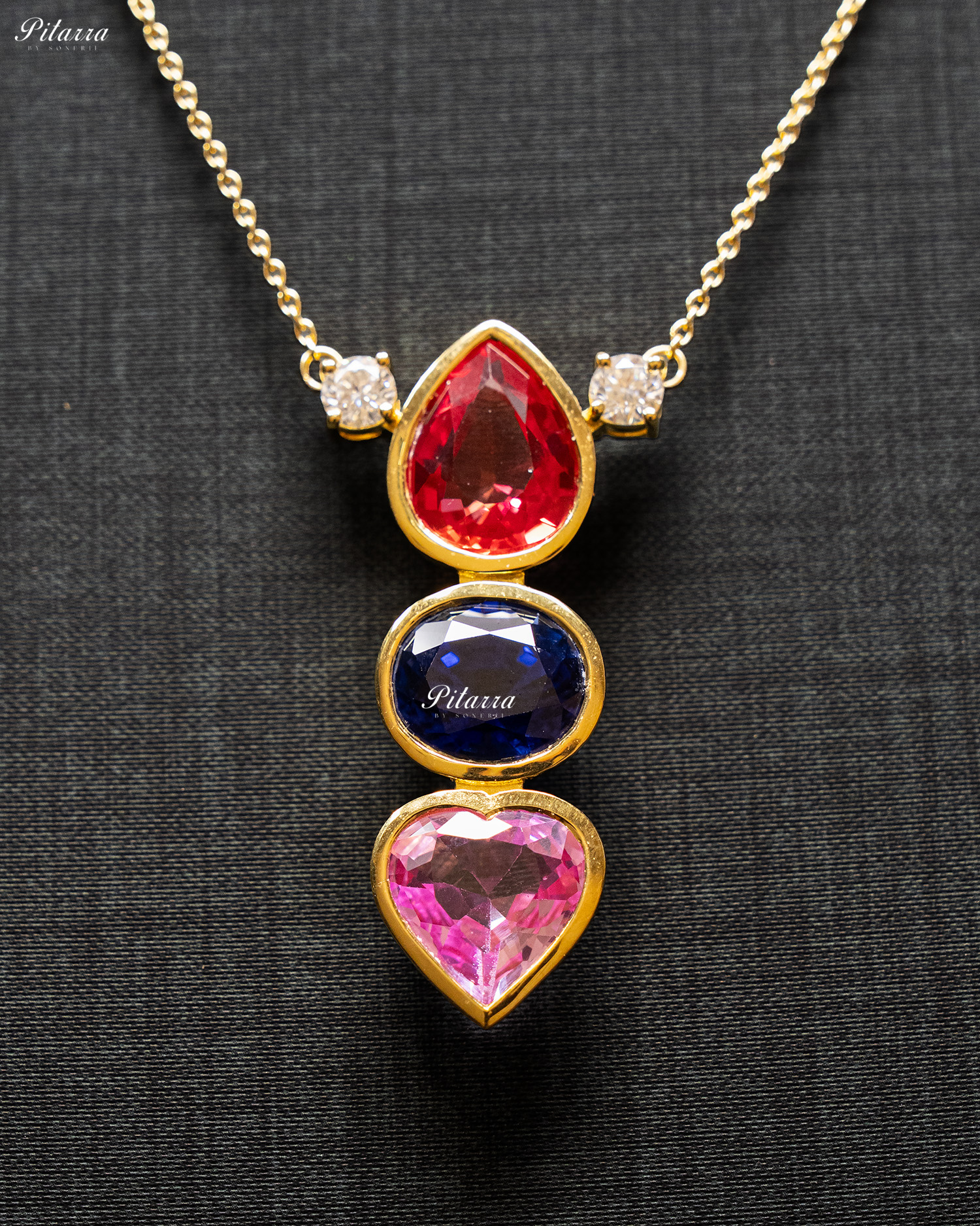 Gold Chain Drop Red Top Stone Pink Heart Pendent Set