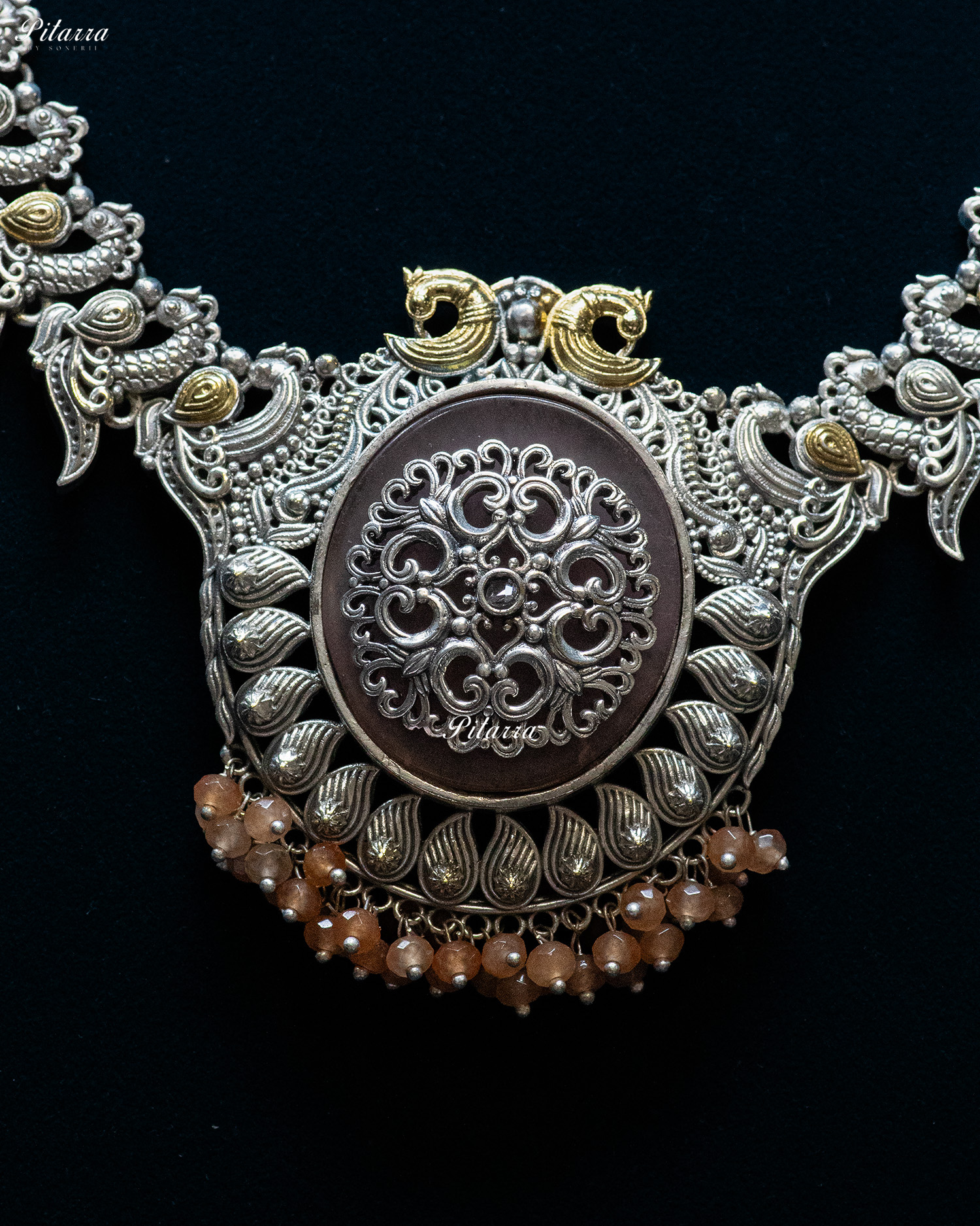 Dualtone Peacock with Peacock Chain Silver Look Alike Pendant Set