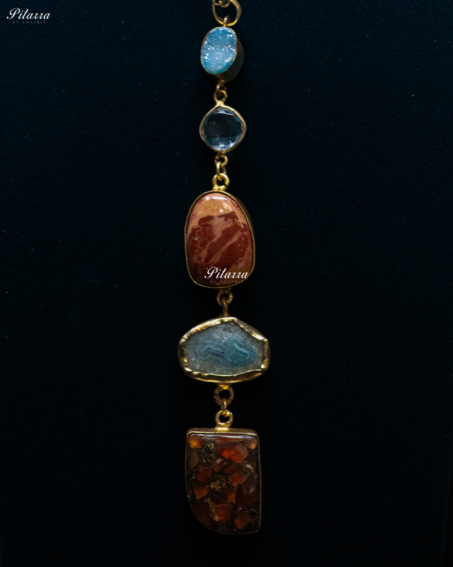Red Blue Textured Circle Five Raw Stone Long Pendant