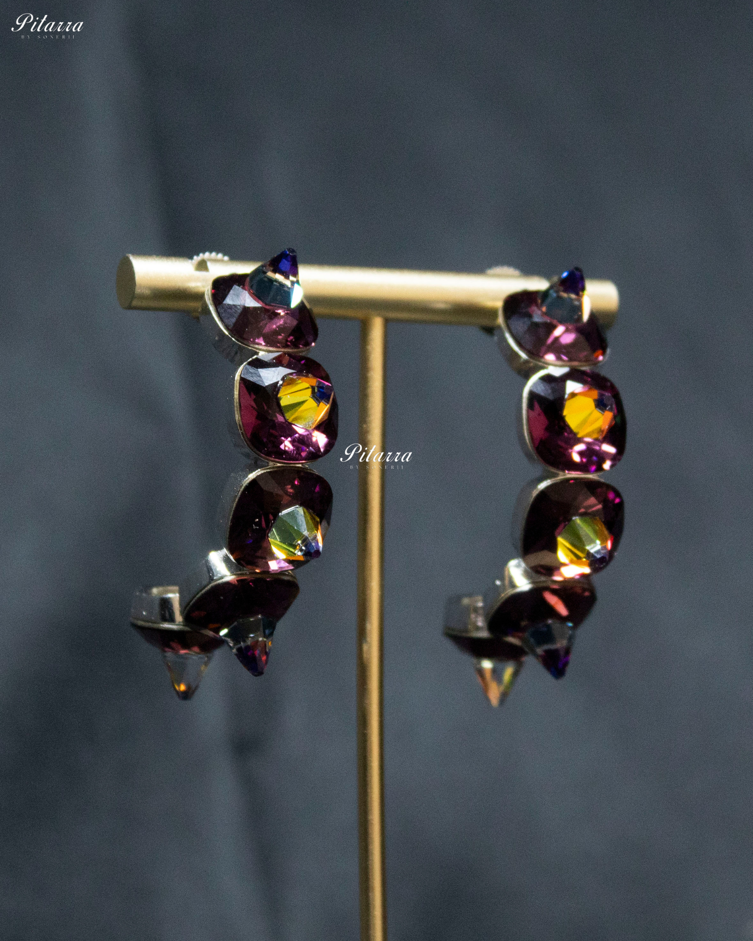 Wine Red Stone Pyramid Cut Crystal Hoop Earrings
