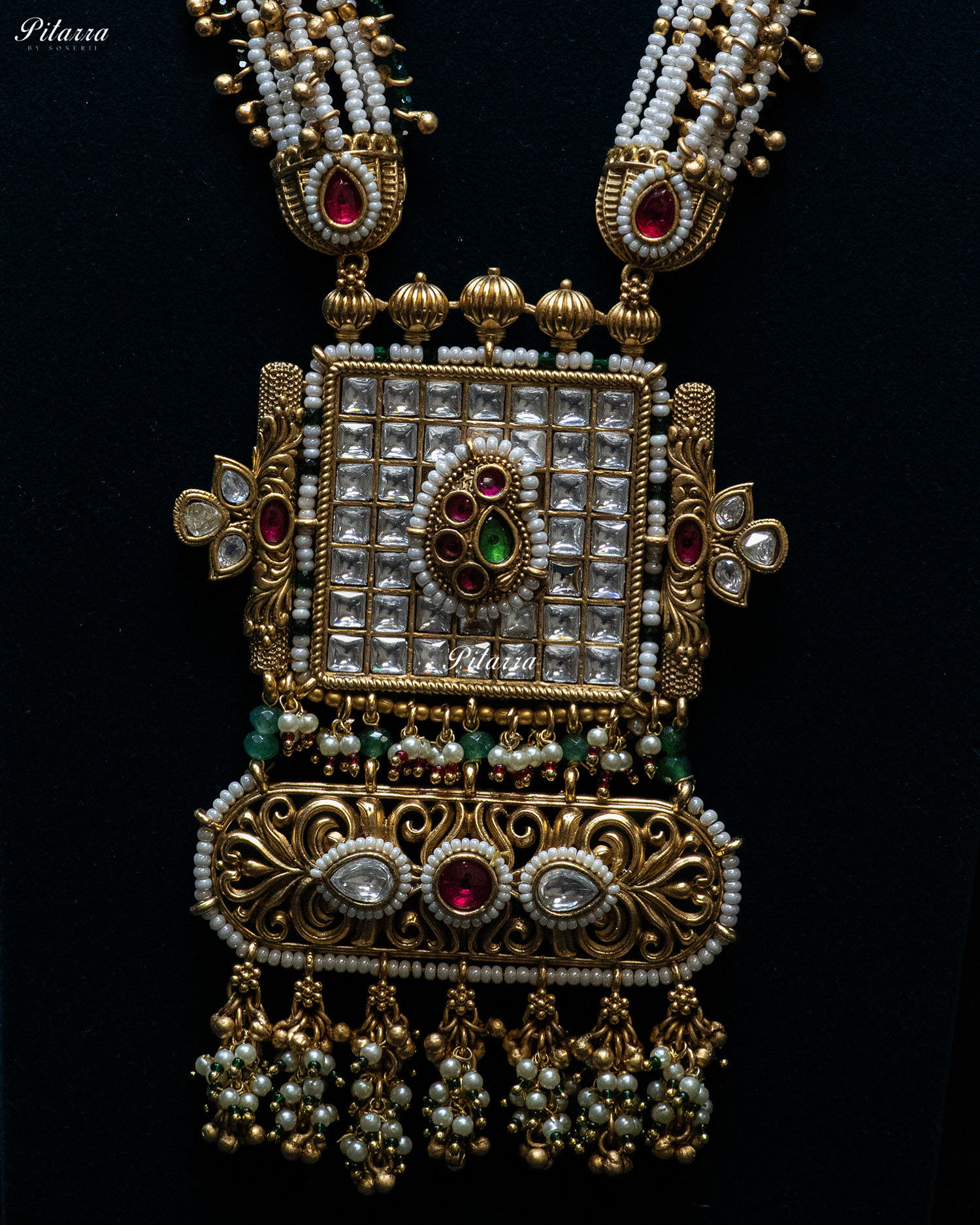 Golden Dual Stone Multi Strand Long Kundan Necklace Set