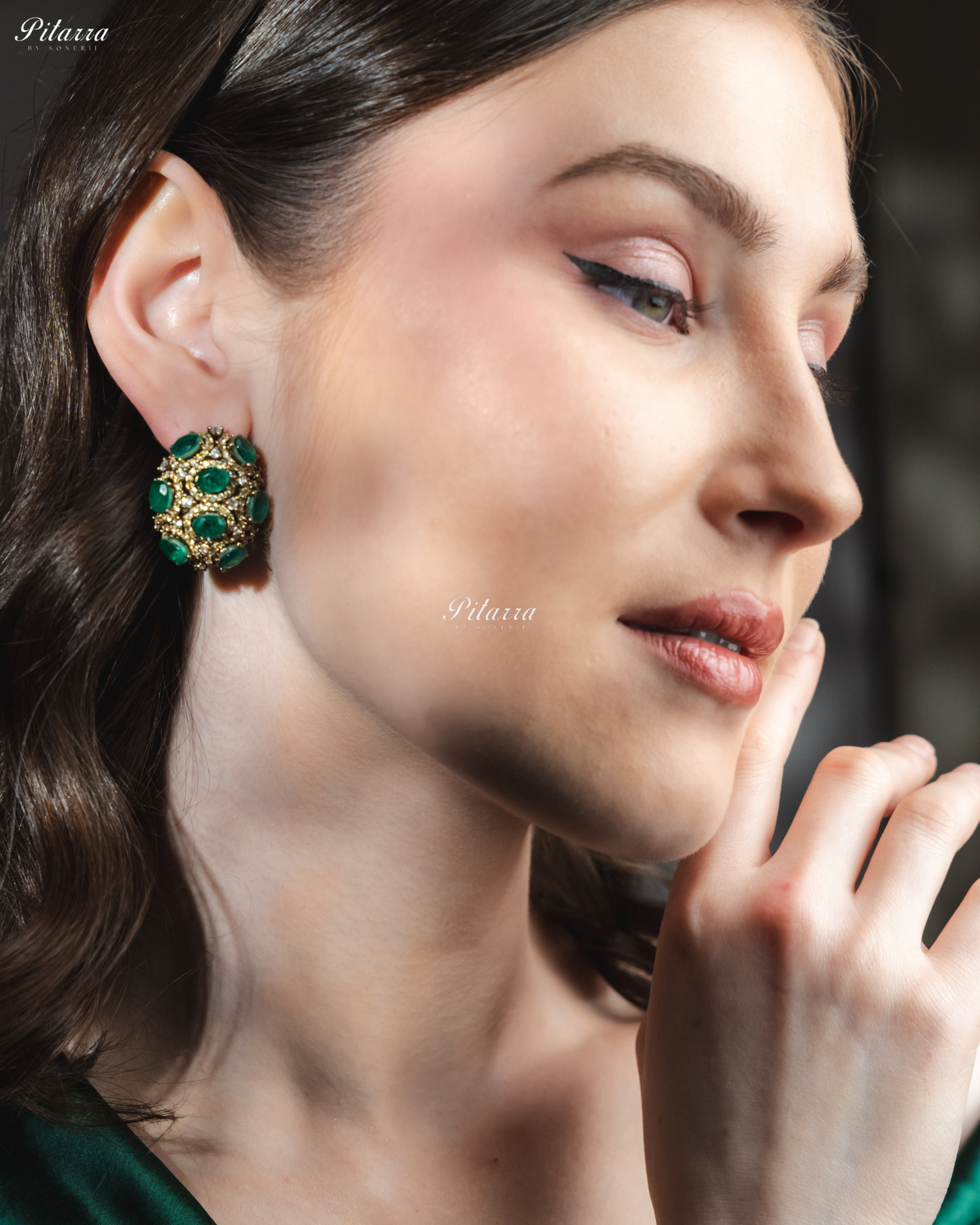 Emerald Stone Golden Crystal Stud Earrings
