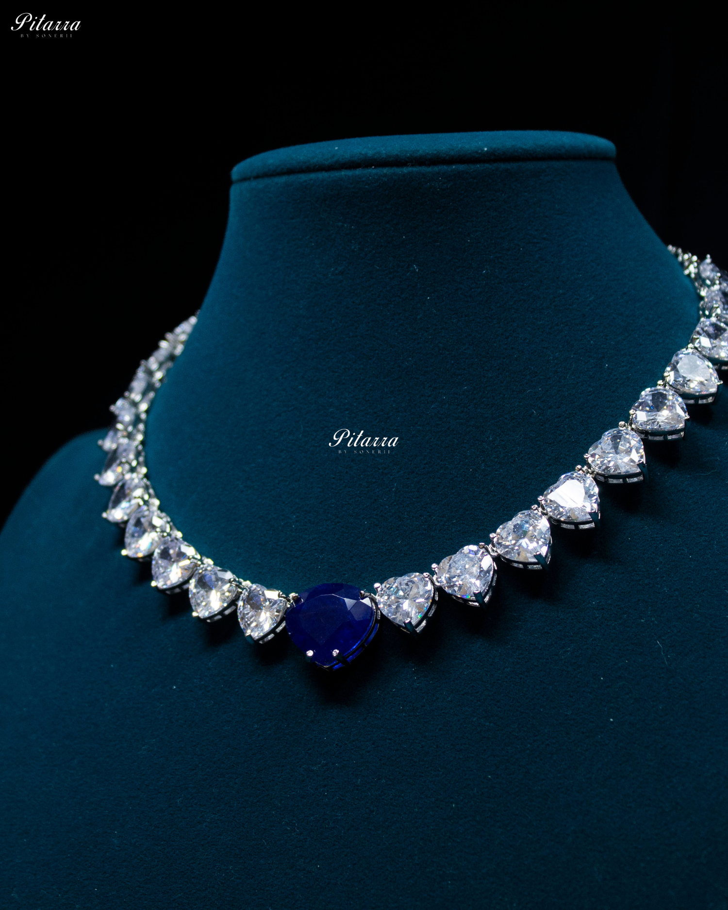 Navy Blue Stone White Heartline Zircon Necklace Set