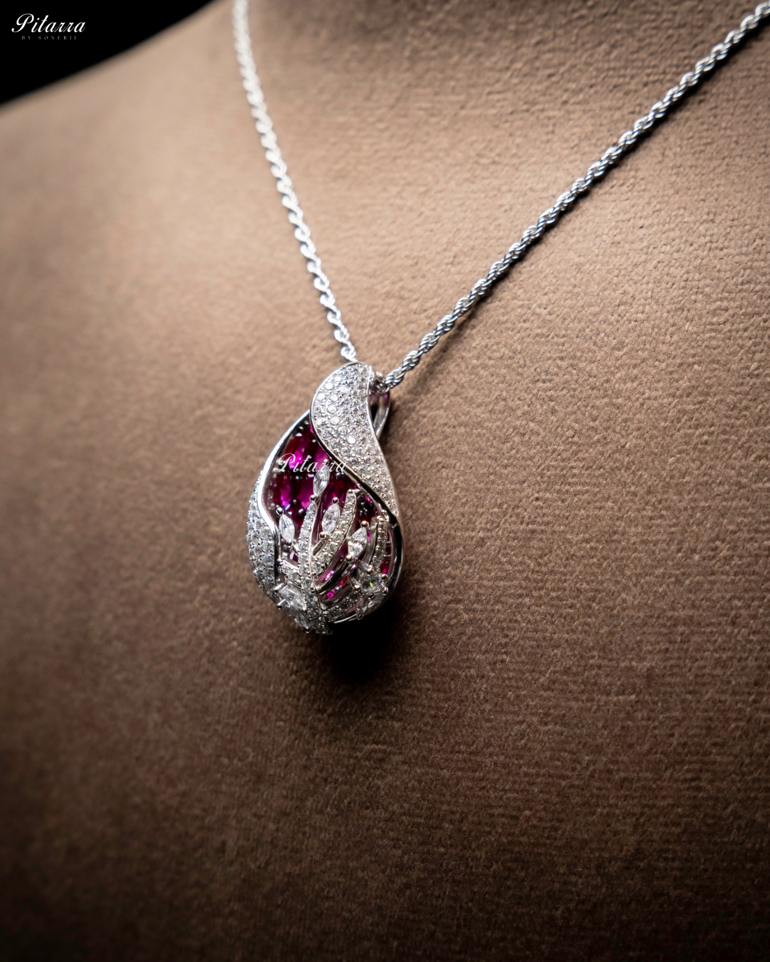 Pink Color Cubic Zirconia Chain 92.5 Silver Pendant Set