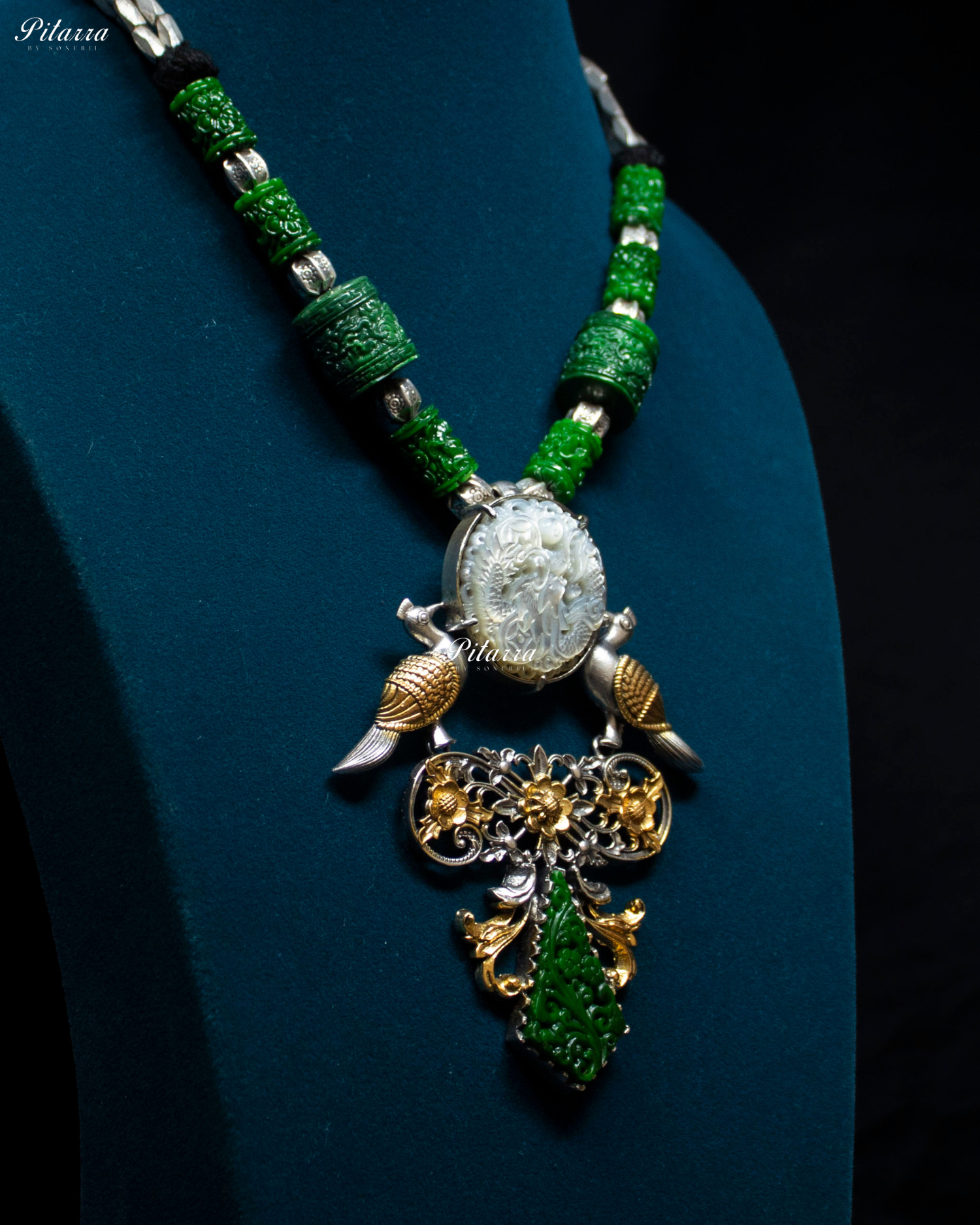 Bird Motifs Green Elements 92.5 Silver Necklace