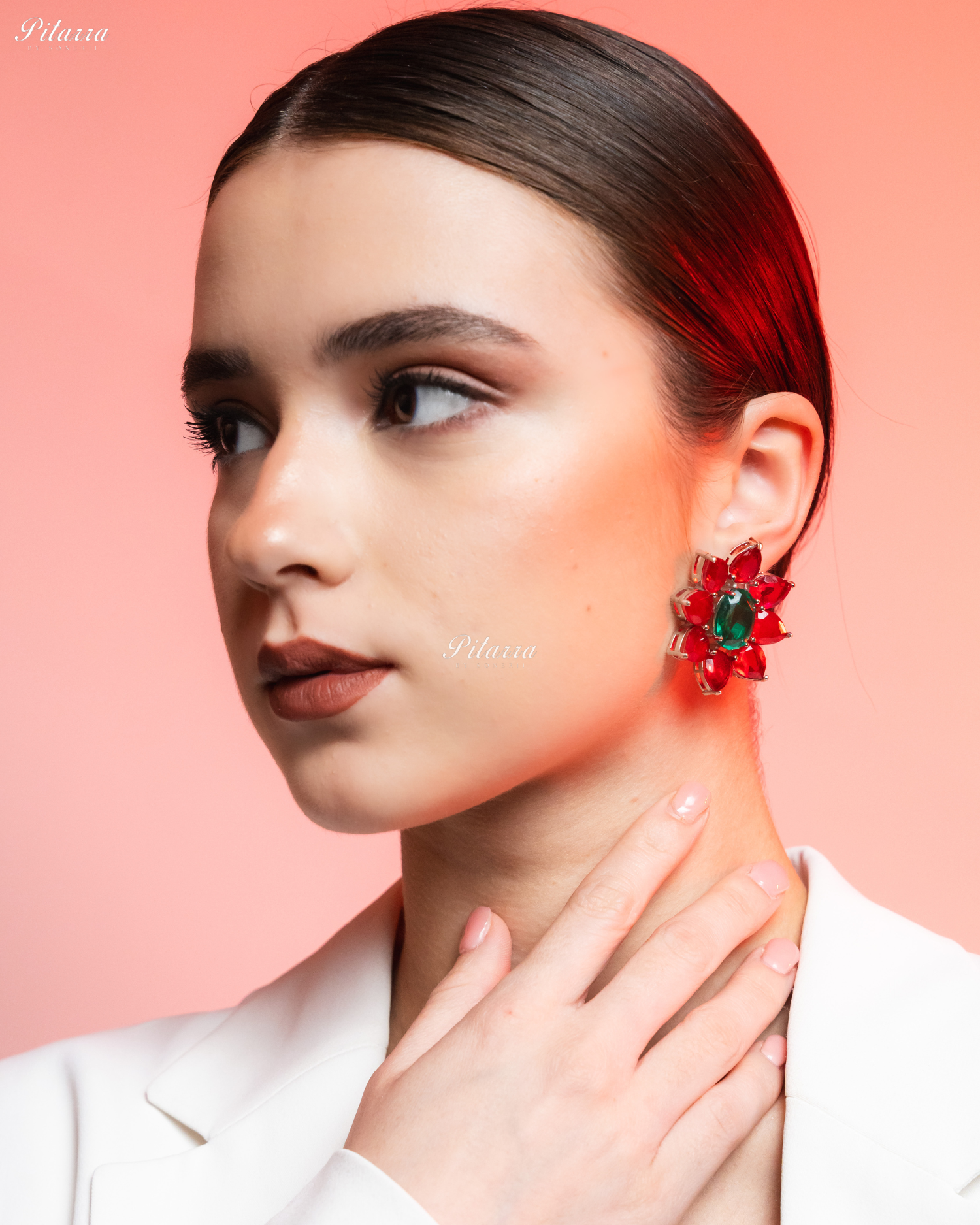 Emerald Floral Red Petals CZ Doublet Stud Earrings