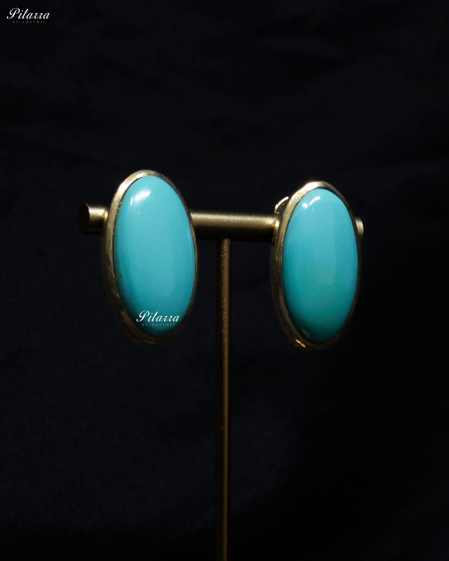 Turquoise Oval Shape Gold Tone Stud Earrings