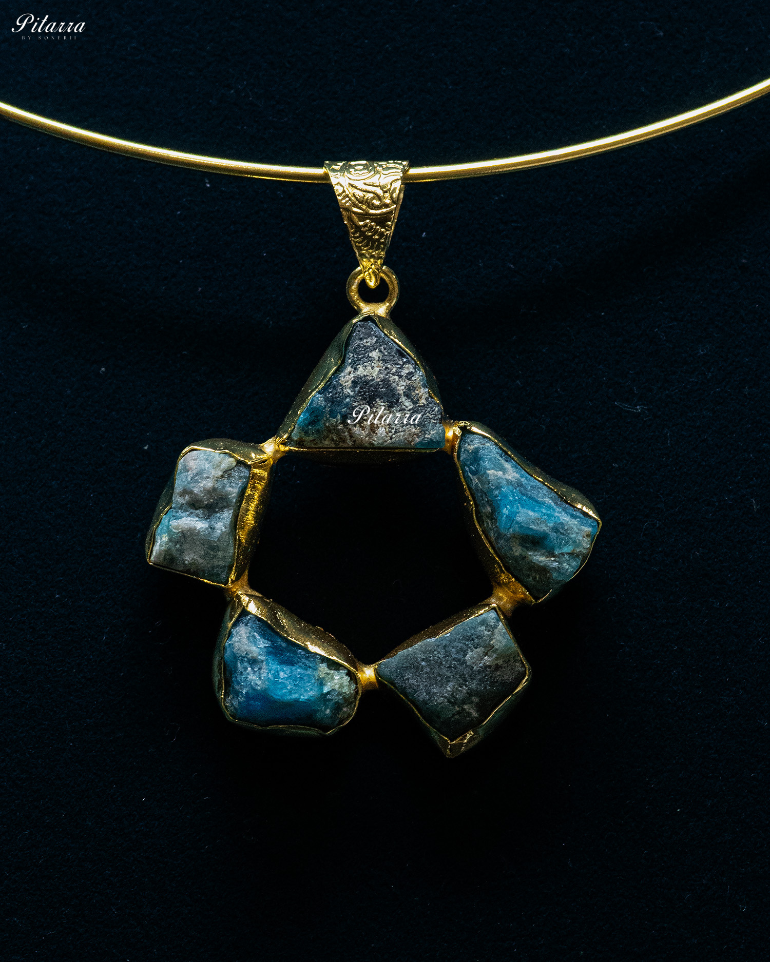 Five Circular Blue Raw Stone Gold Plated Collar Pendant