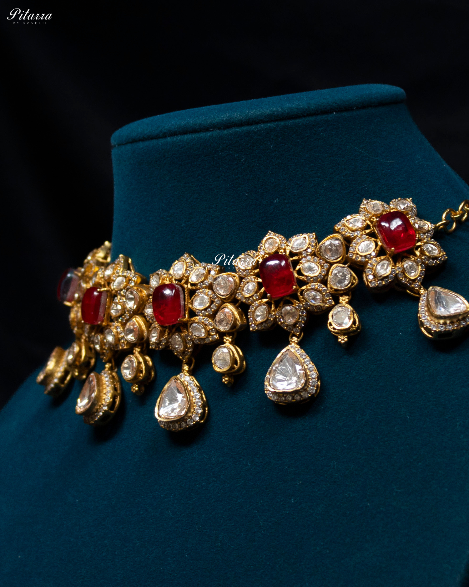 Red Square Stone Victorian Polki Kundan Necklace Set