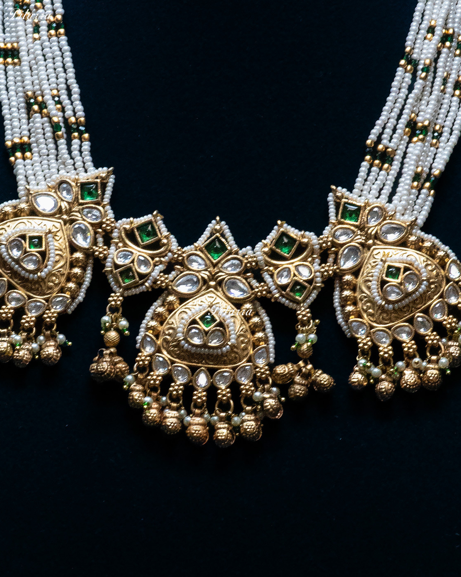 Emerald Stone Gold Finish White Pearl Kundan Necklace Set
