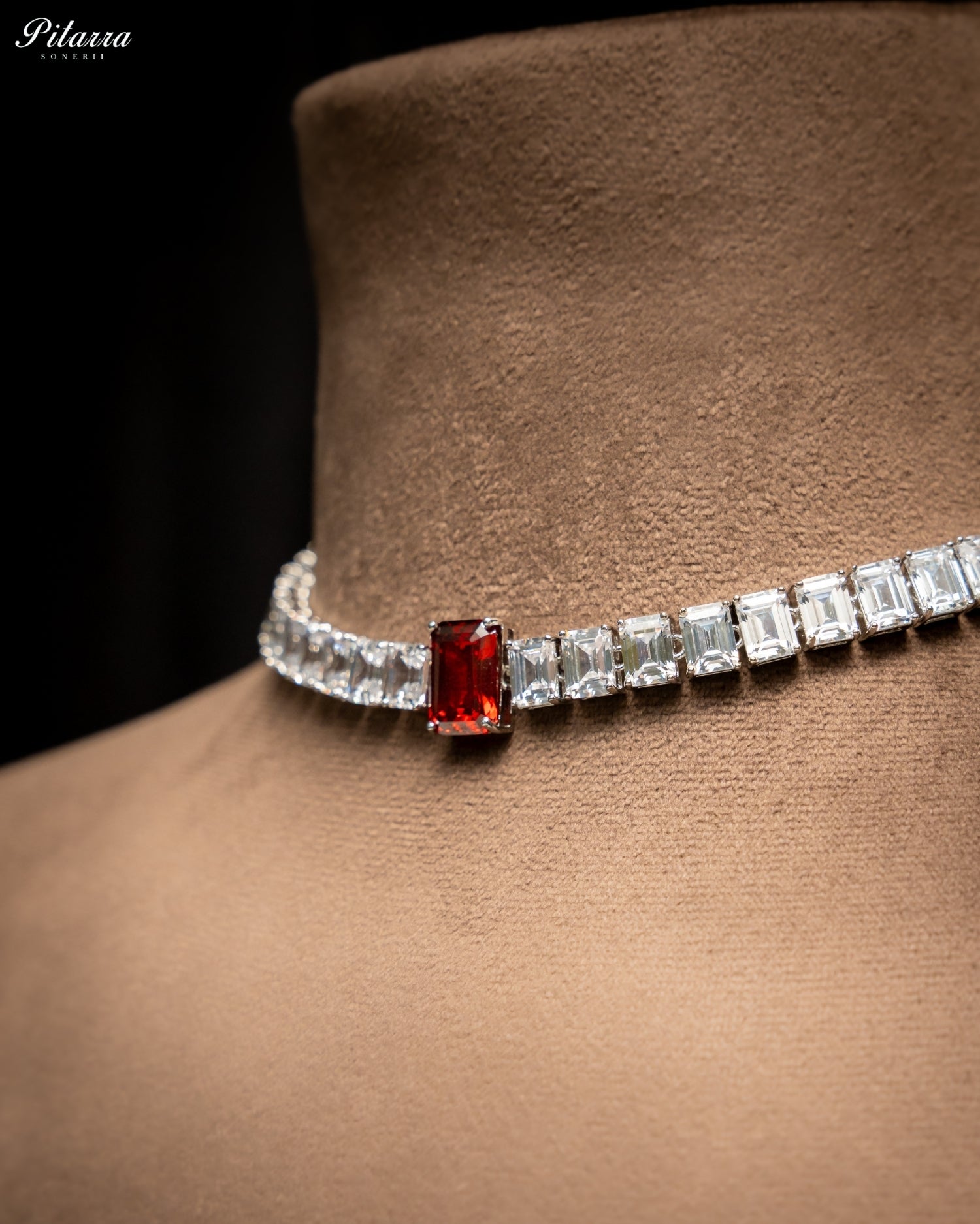 Red Diamond Baguette Cut Tennis Choker Necklace Set