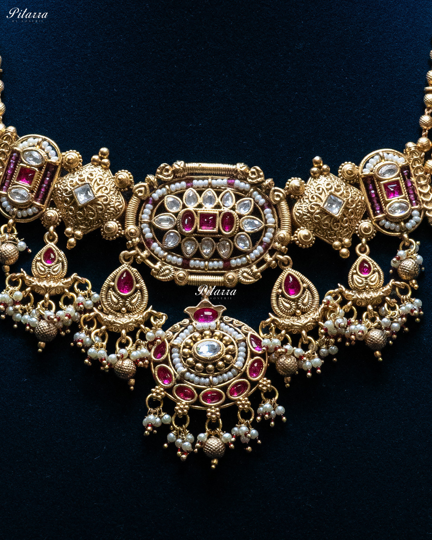 Pink Stone Gold Finish Two Layer Kundan Necklace Set