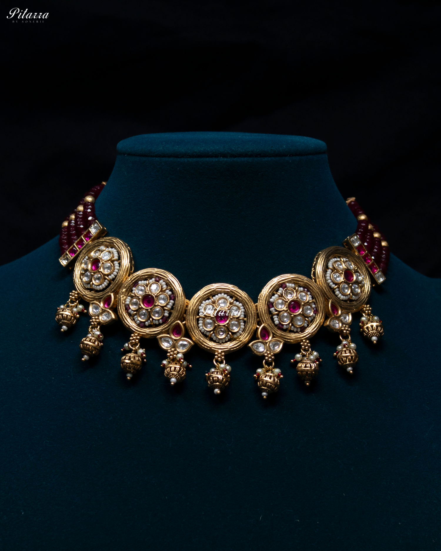Floral Pink Stone Pink Pearl Kundan Choker Set