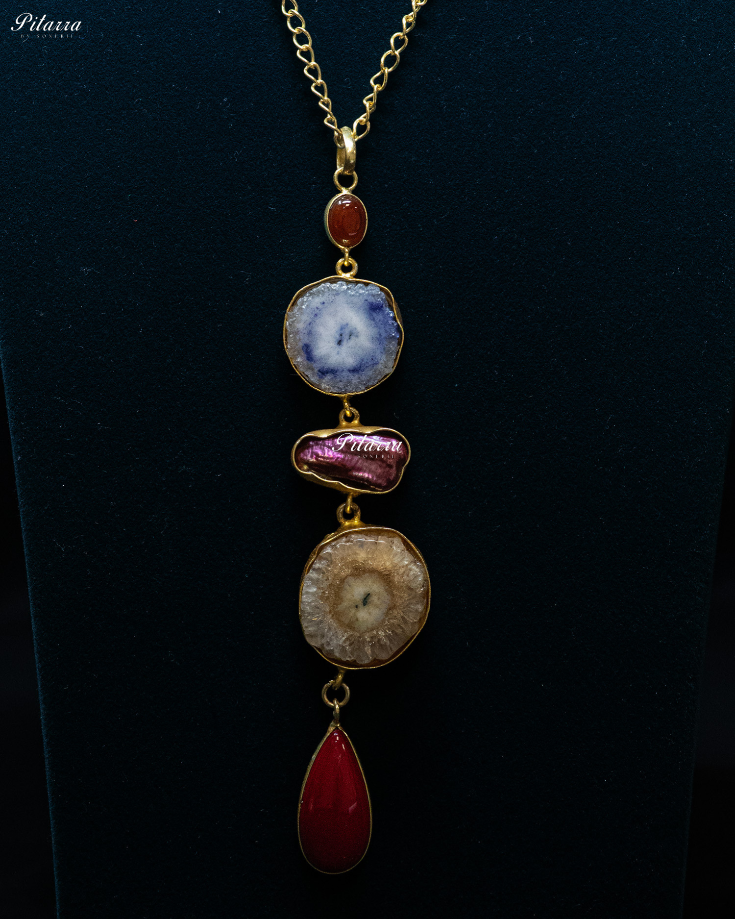 Red Drop Textured Circle Five Raw Stone Long Pendant