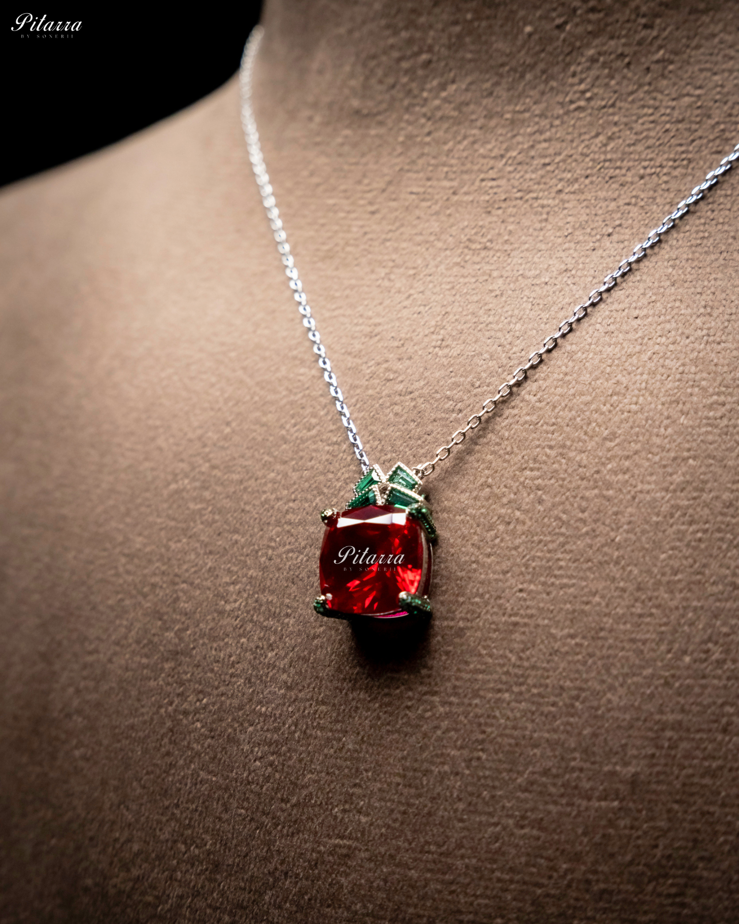 Ruby Red 92.5 Silver Plated Chain Pendent Necklace Set
