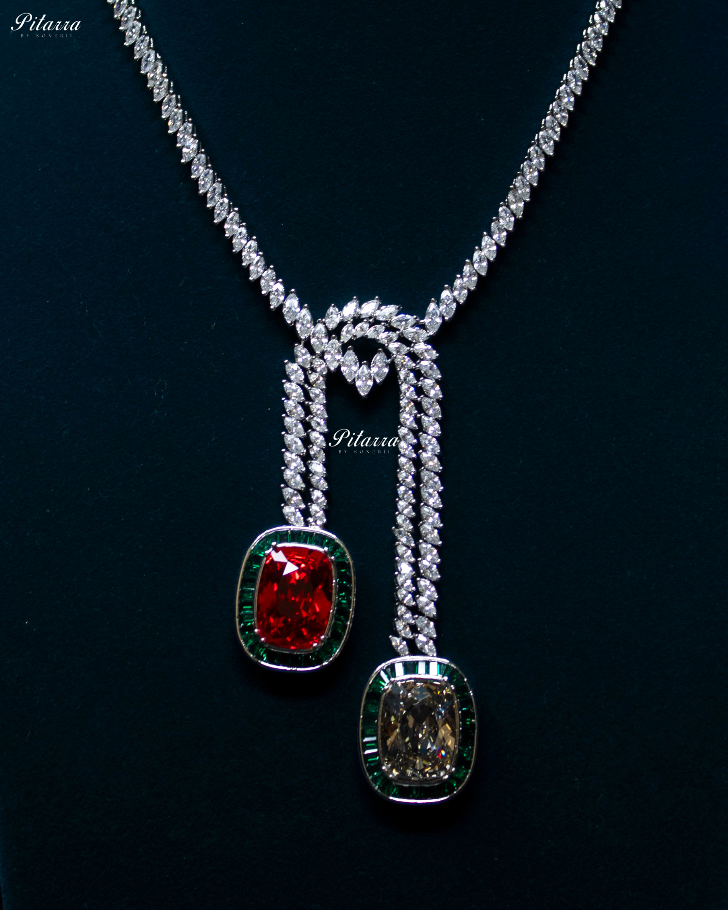 Green Red Two Square Silver Line Crystal Necklace Set