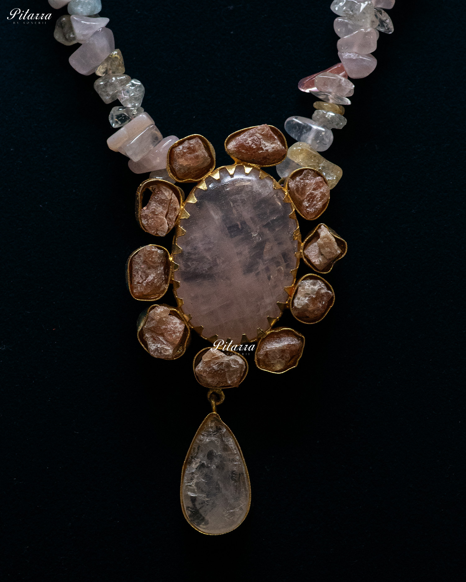 Peach Center Stone Golden Raw Stones Pendant Necklace