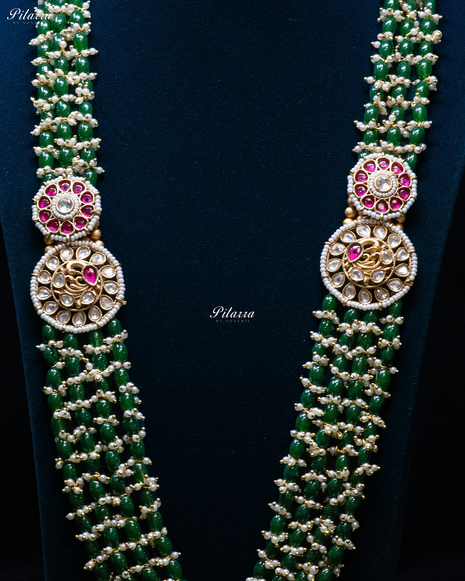 Golden Peacock Motifs Multi Strand Green Bead Necklace Set
