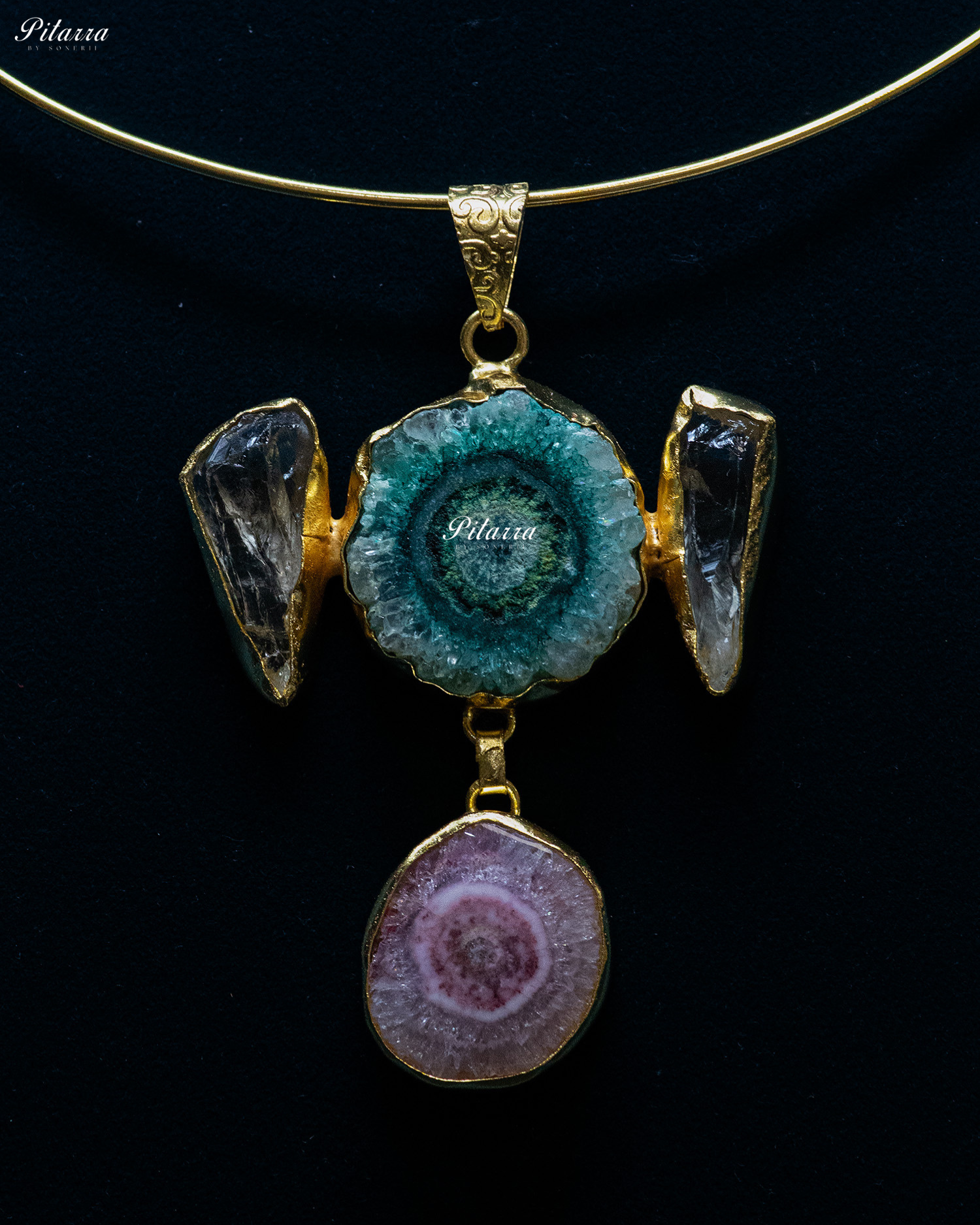 Gold Plated Blue and Purple Circular Raw Stone Pendant