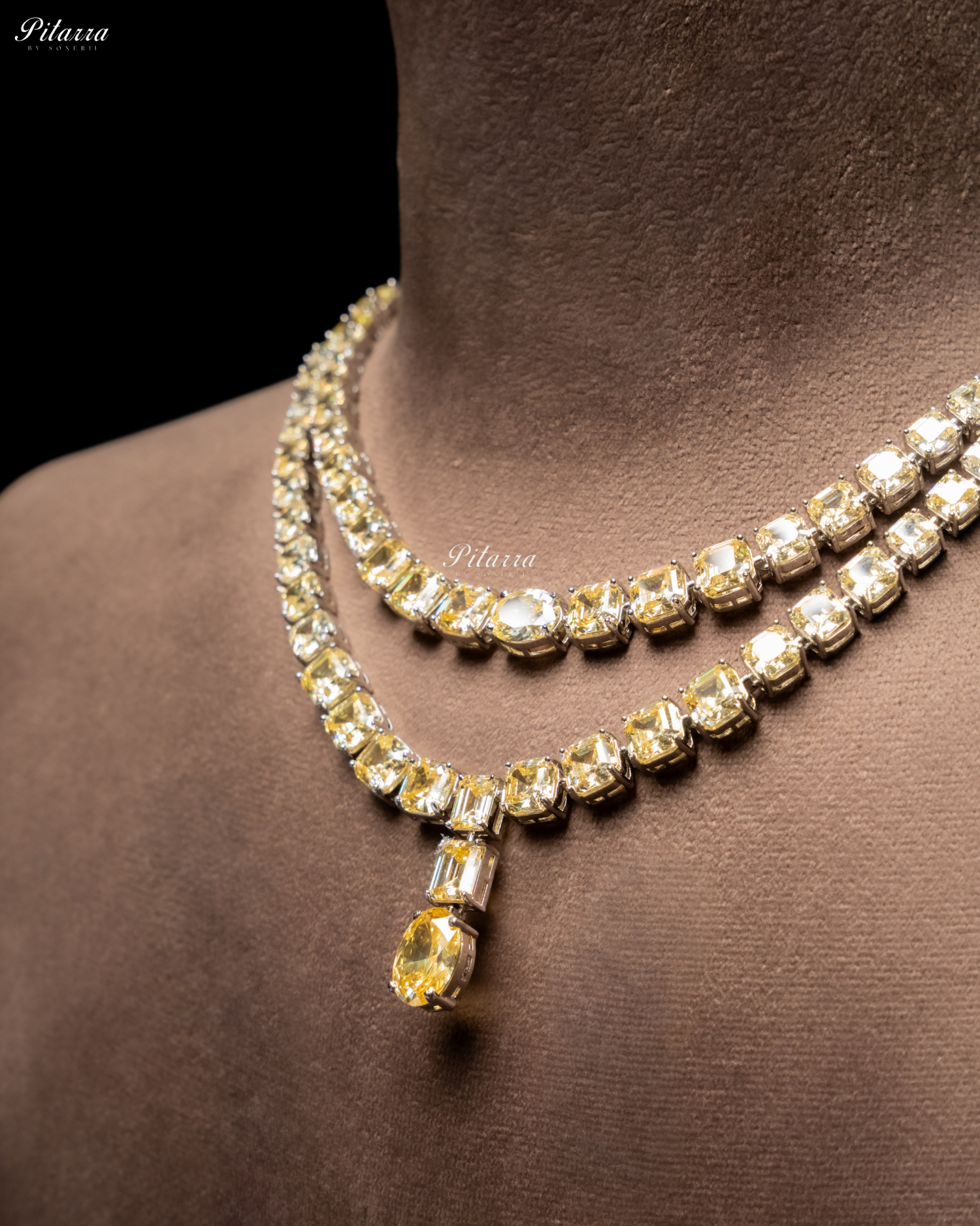 Yellow Two Layer Square Drop Statement Necklace Set