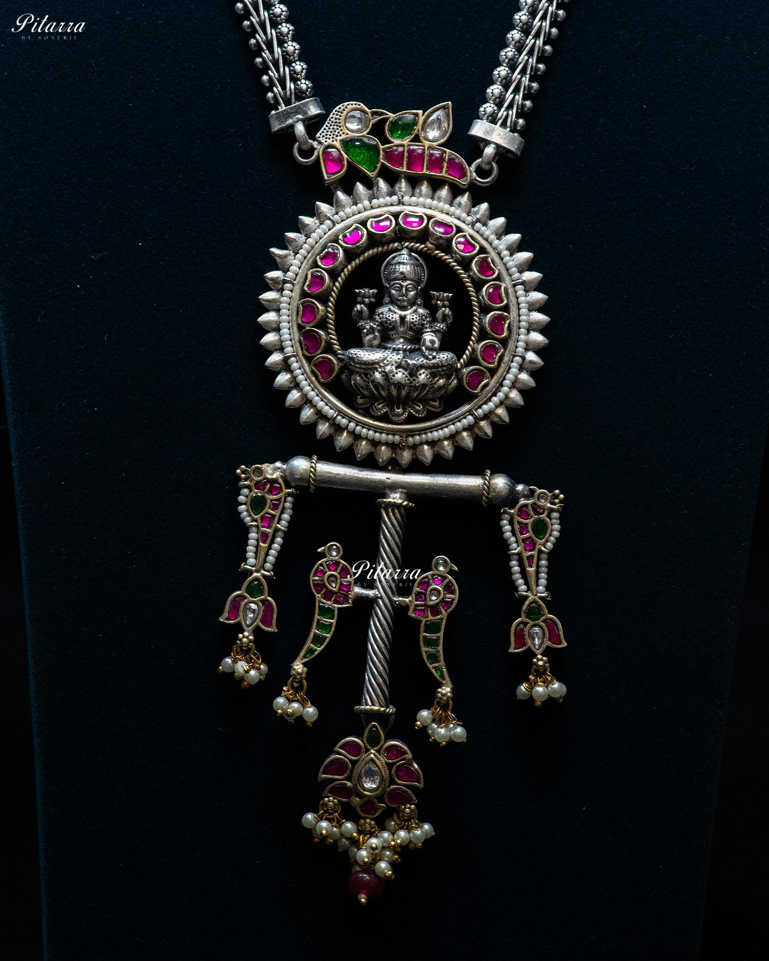 Beads Chain White Stone Laxmi Silver Look Alike Pendant Set
