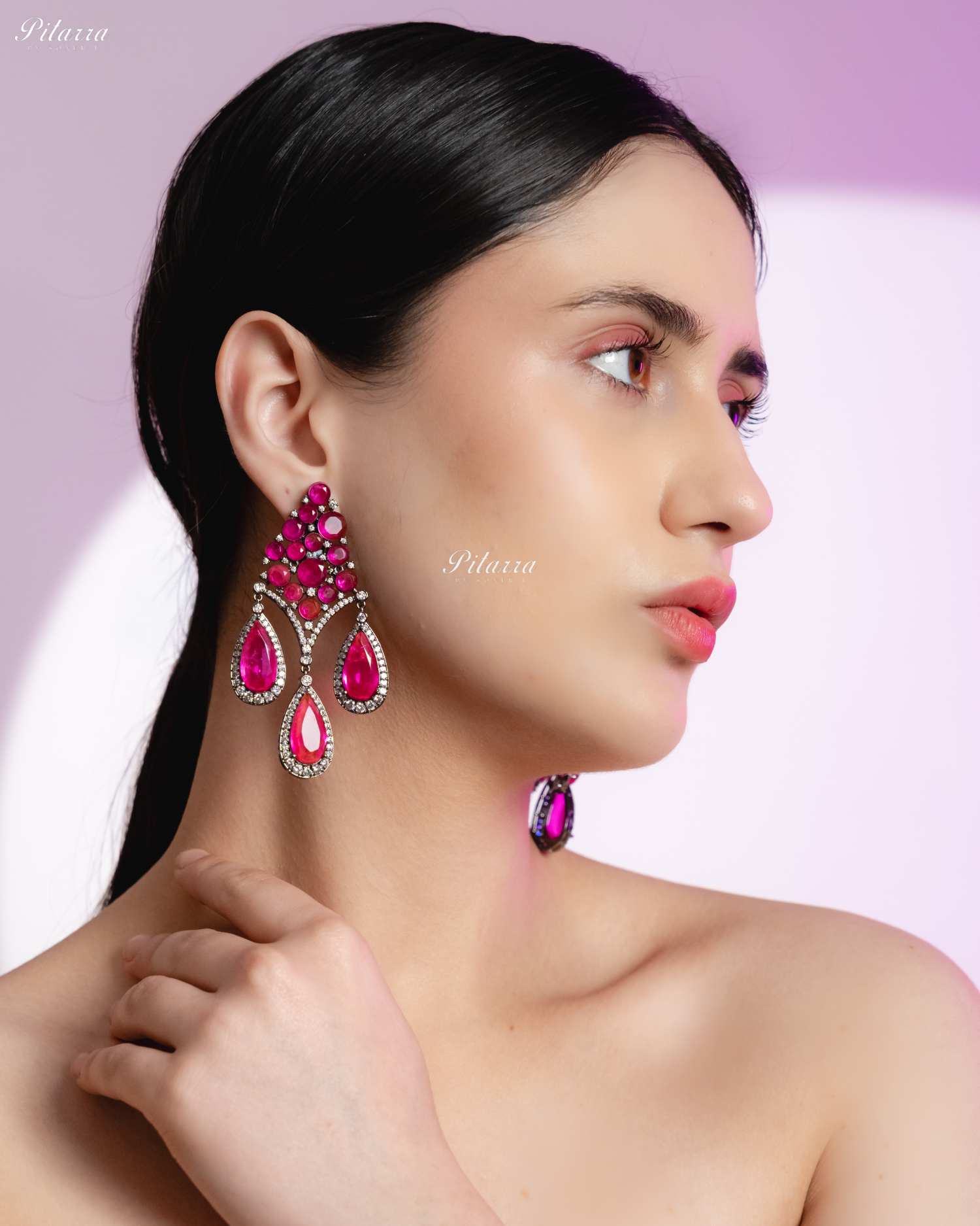 Pink Stone Three Teardrop Silver Finish CZ Crystal Dangler Earrings