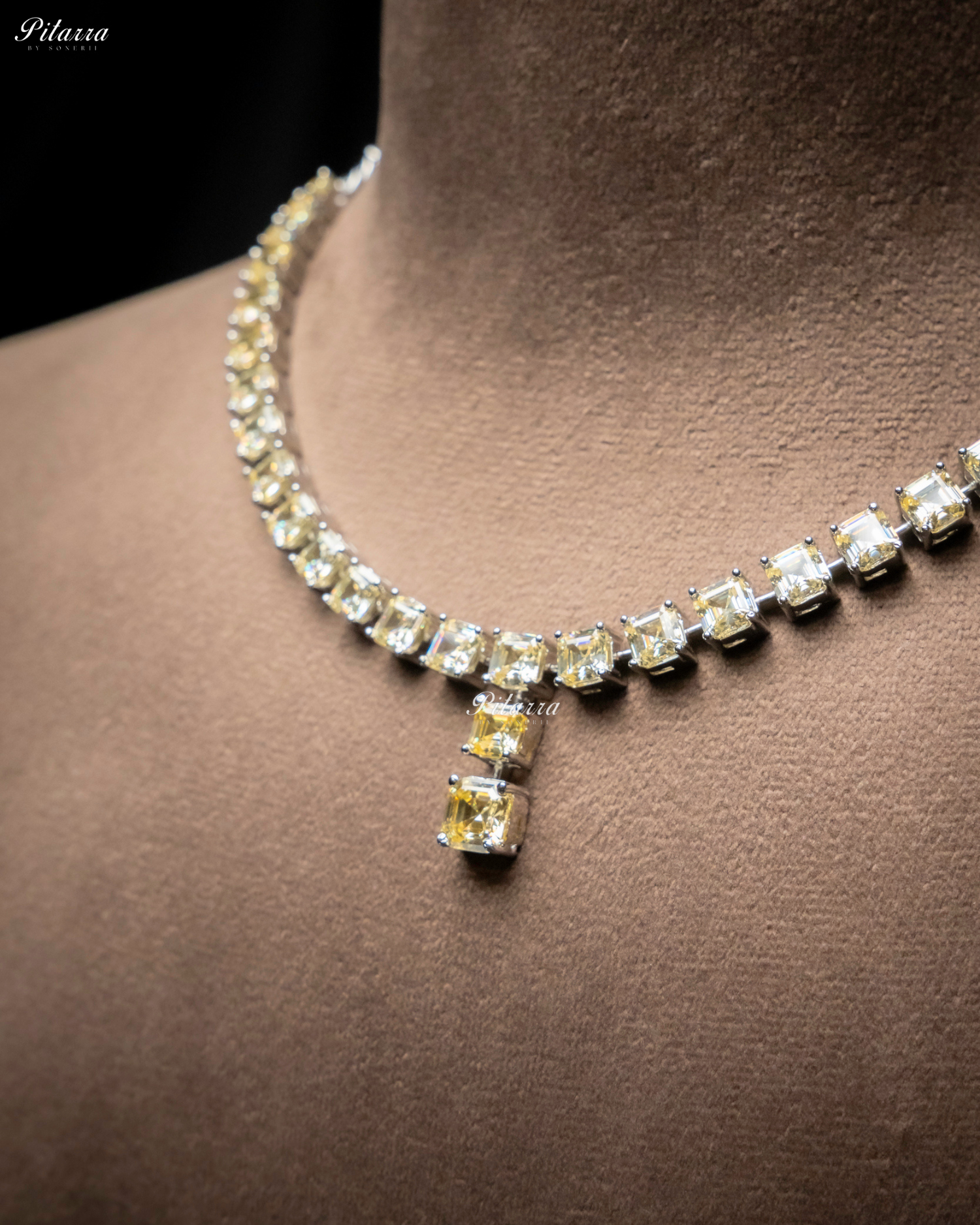 Yellow Tone One Layer Square Drop Statement Necklace Set