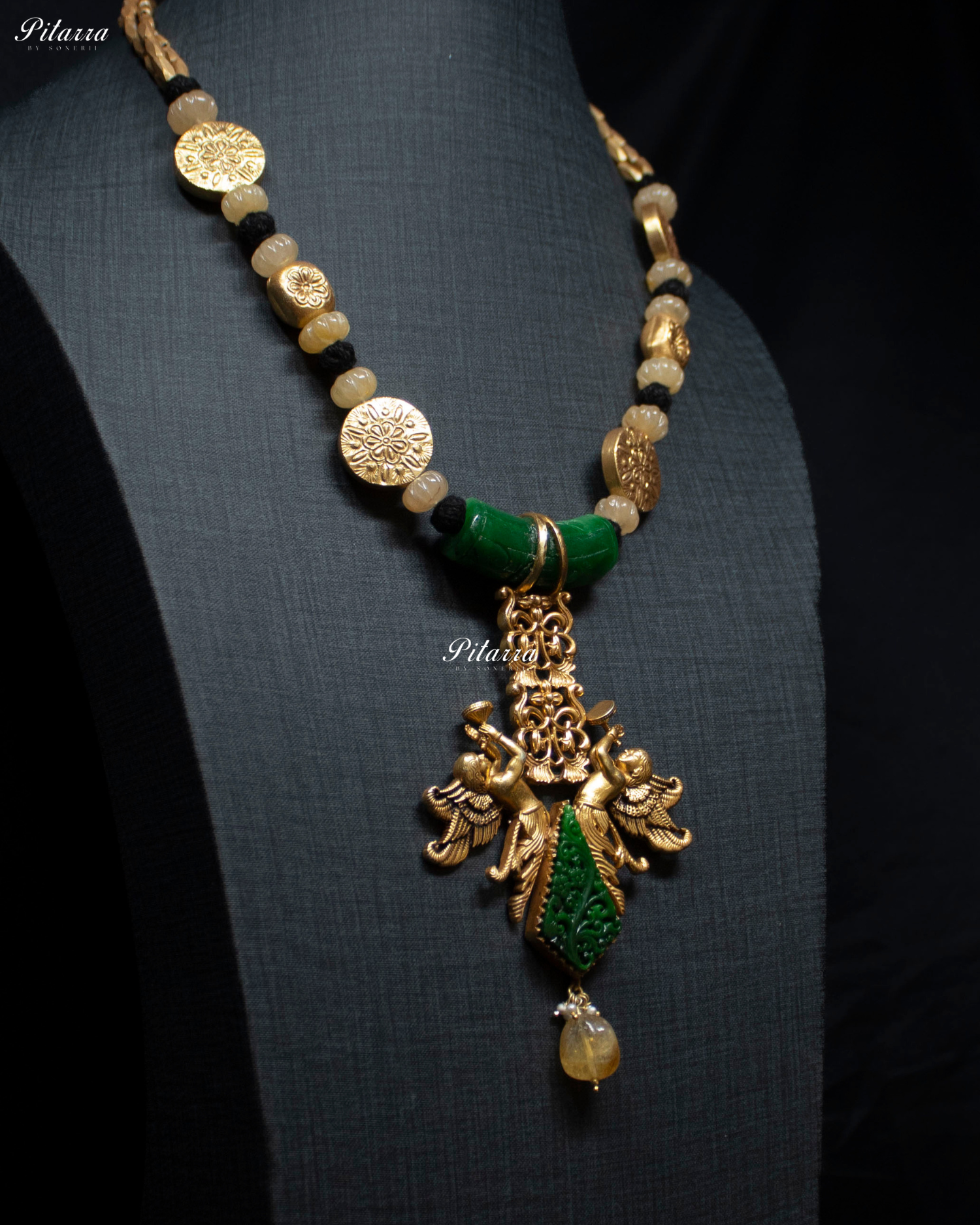 Cherub Figure Golden Beads 92.5 Silver Necklace