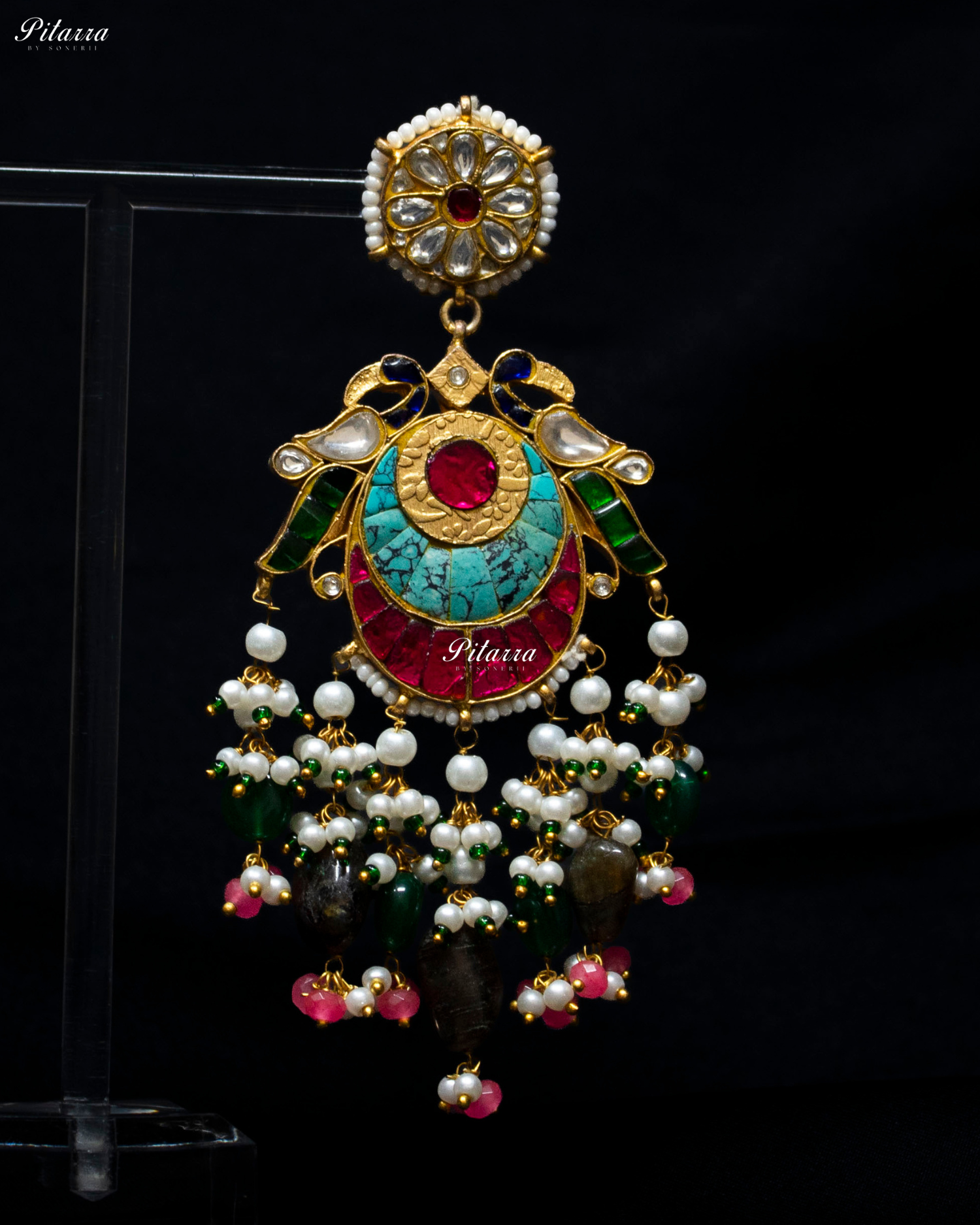 Multicolor Bird Emerald Pearls Kundan Dangle Earrings