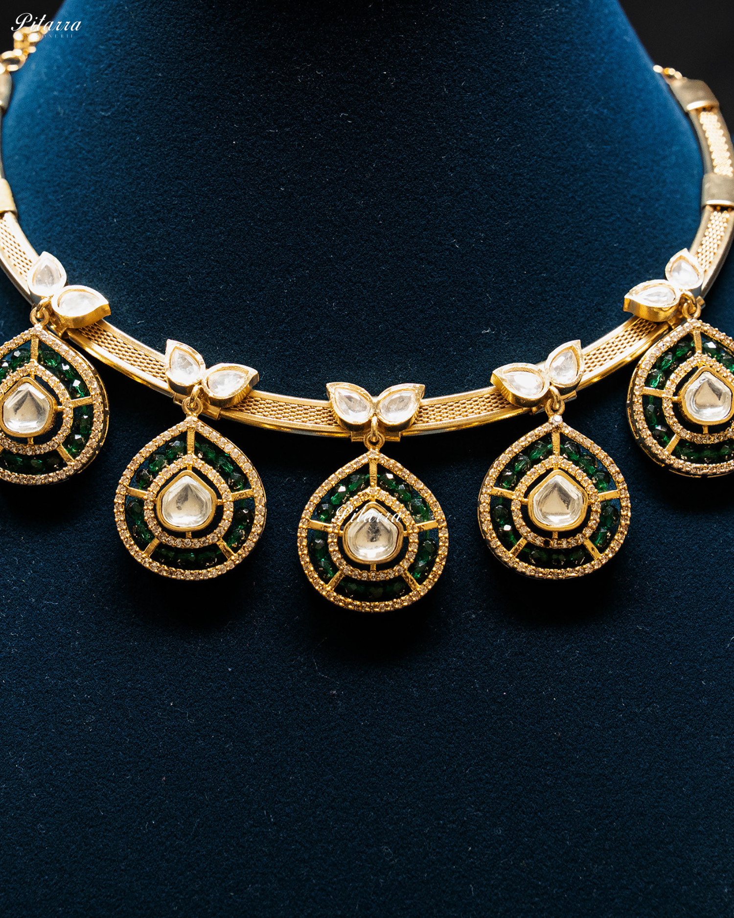 Emerald Crystals Teardrop Gold Plated Kundan Necklace Set