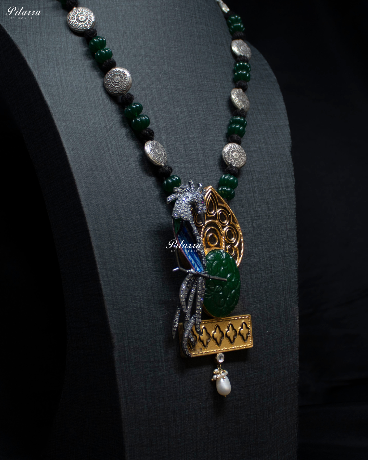 Peacock Motif Dark Green Beads 92.5 Silver Necklace