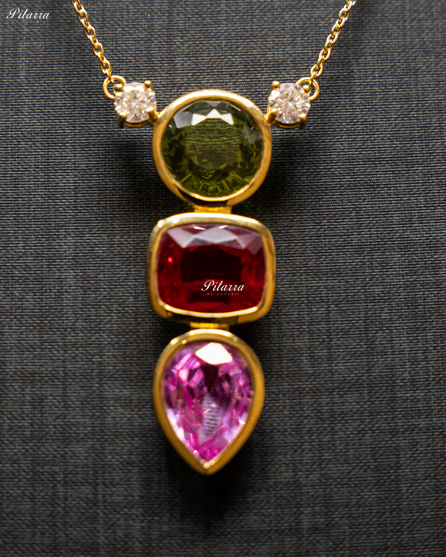 Gold Chain Round Green Top Stone Pink Drop Pendent Set