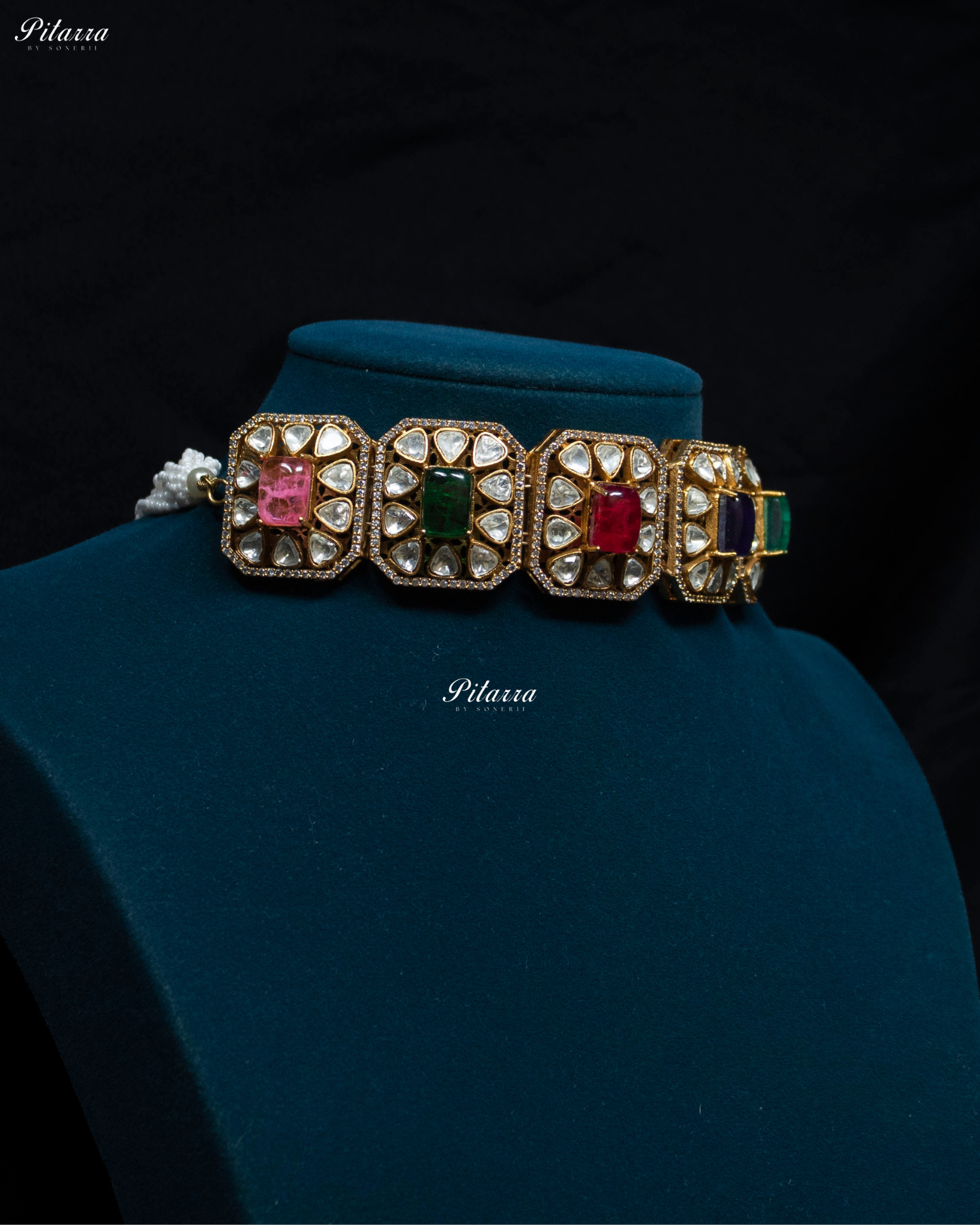 Multicolor Square Stone Polki Kundan Choker Set