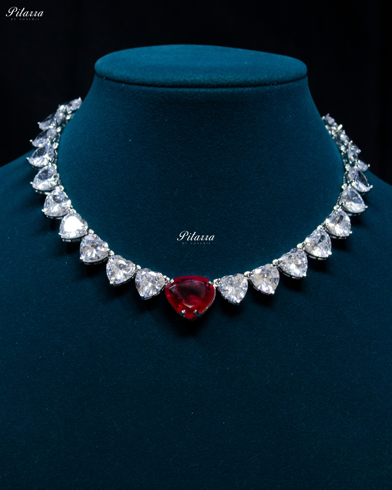 Red Stone White Heartline Zircon Necklace Set