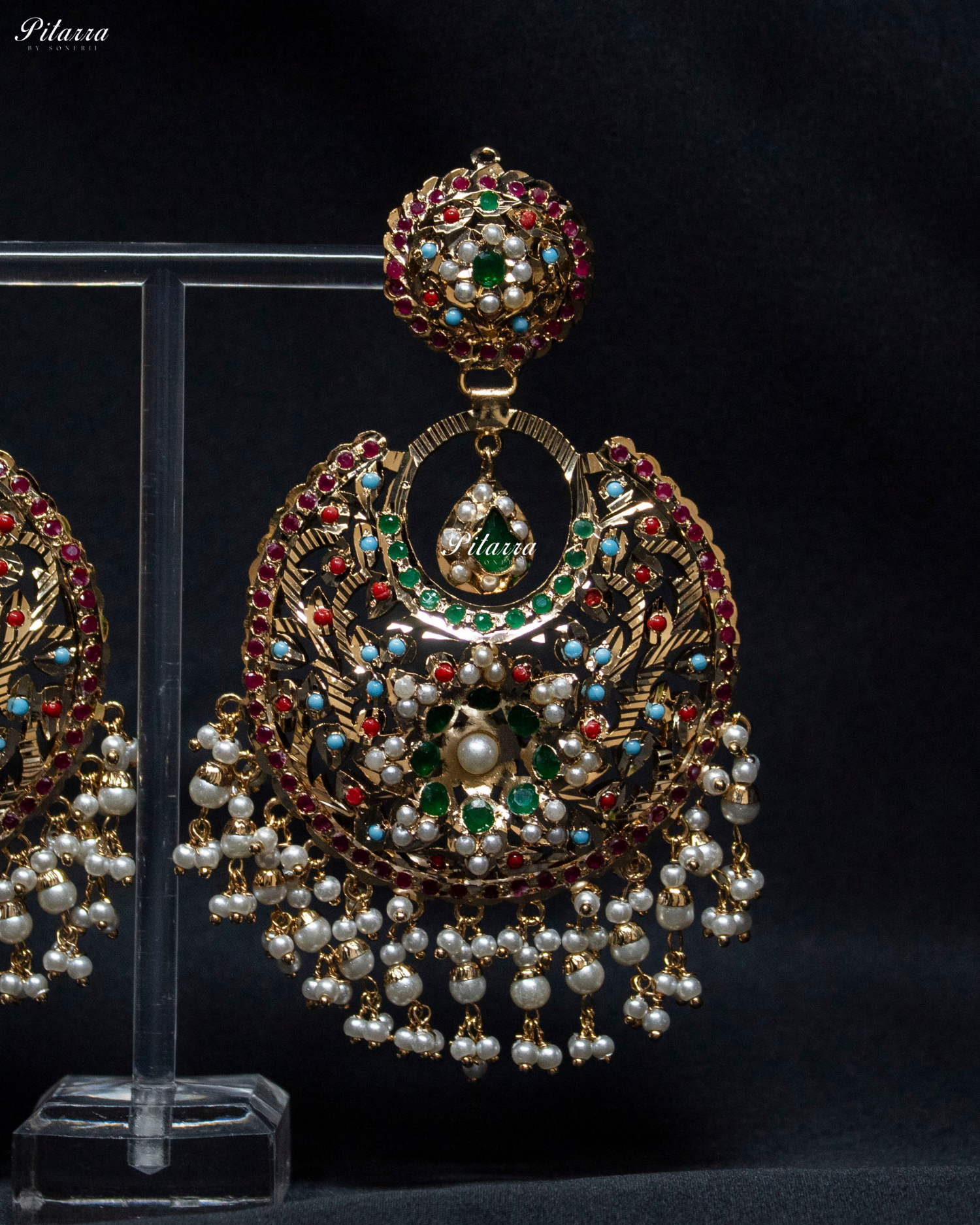Emerald Stone Studded Punjabi Jadau Chandbali Earrings