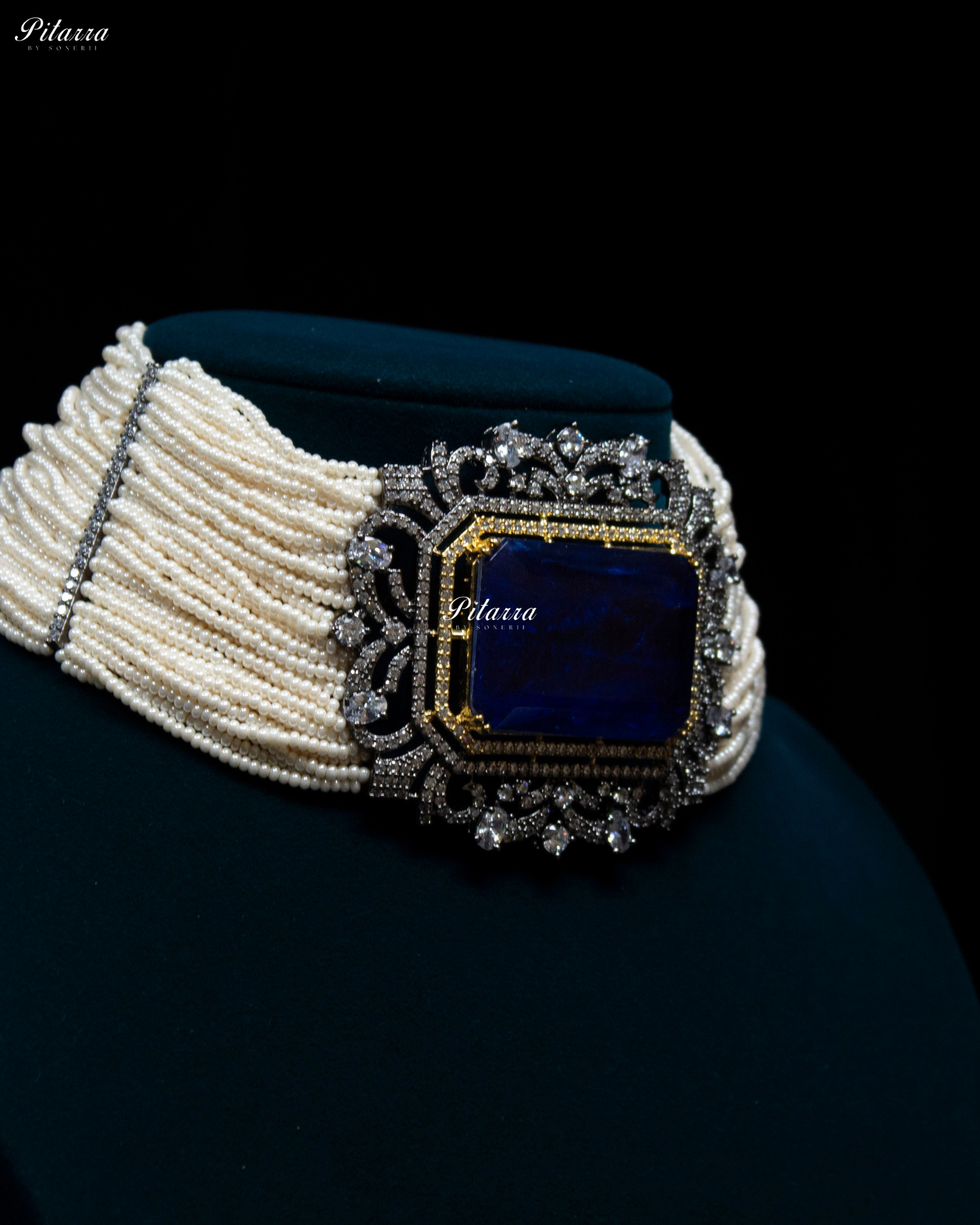 Navy Blue Stone Doublet Pearl Choker Set
