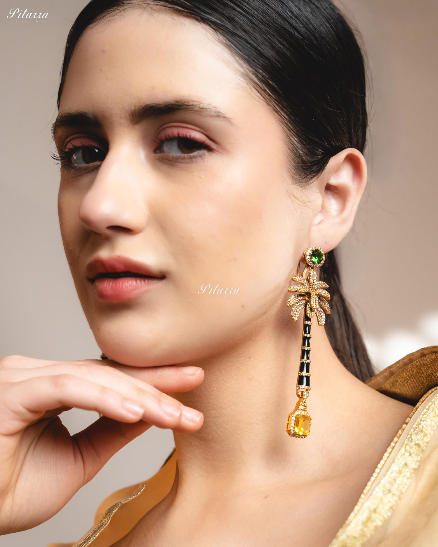 Green and Yellow Stone Palm Tree Crystal Earrings